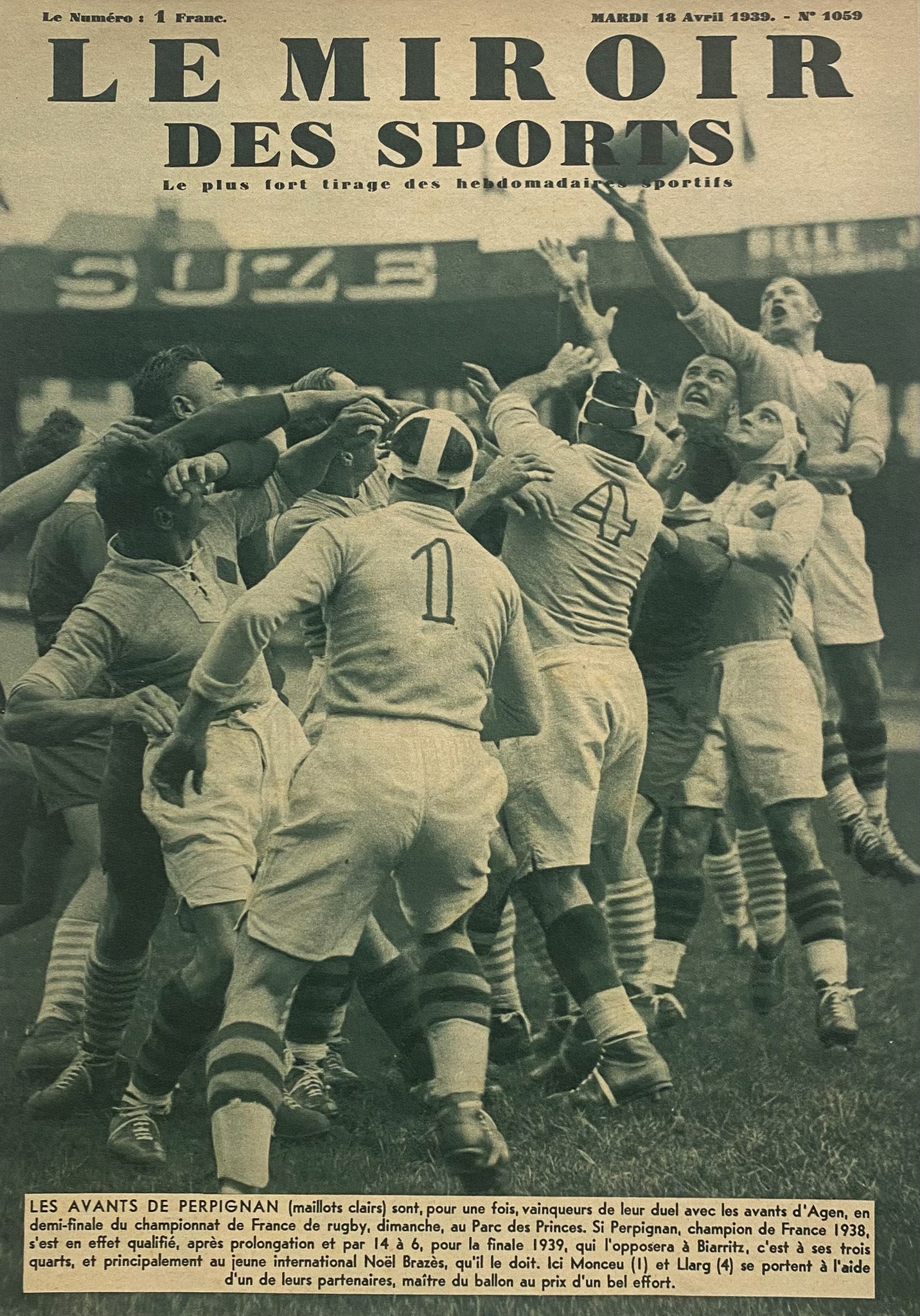 Affiche Le Miroir des Sports  - Championnat de France de Rugby - 18 Avril 1939 N°1059