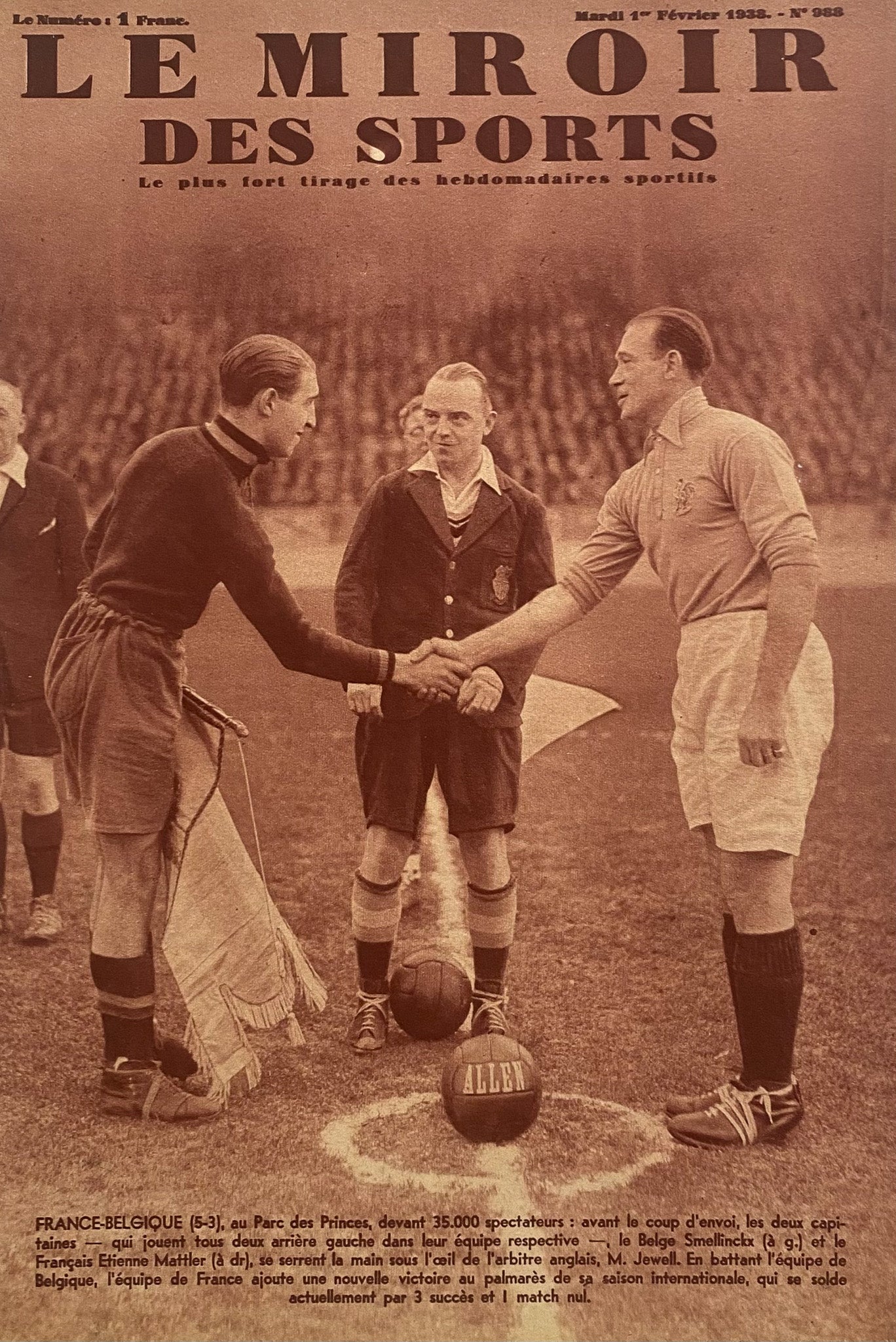 Affiche Le Miroir des Sports  - Football France Belgique - Février 1939 N°988