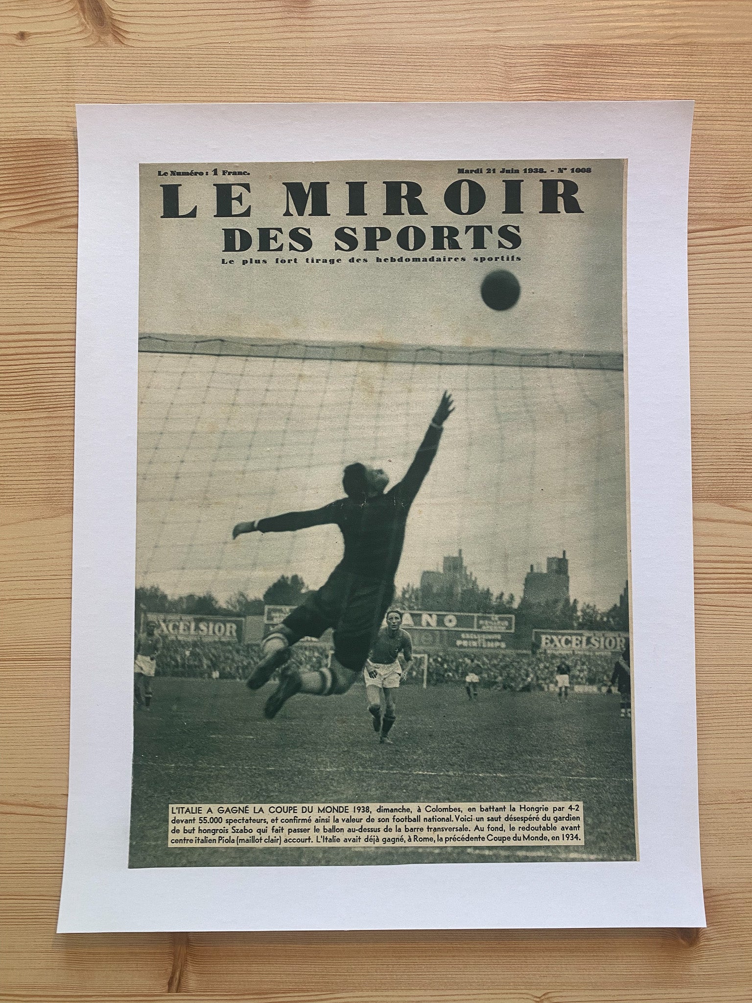 Affiche Le Miroir des Sports  - Football Coupe du Monde - Juin 1938 N°1008