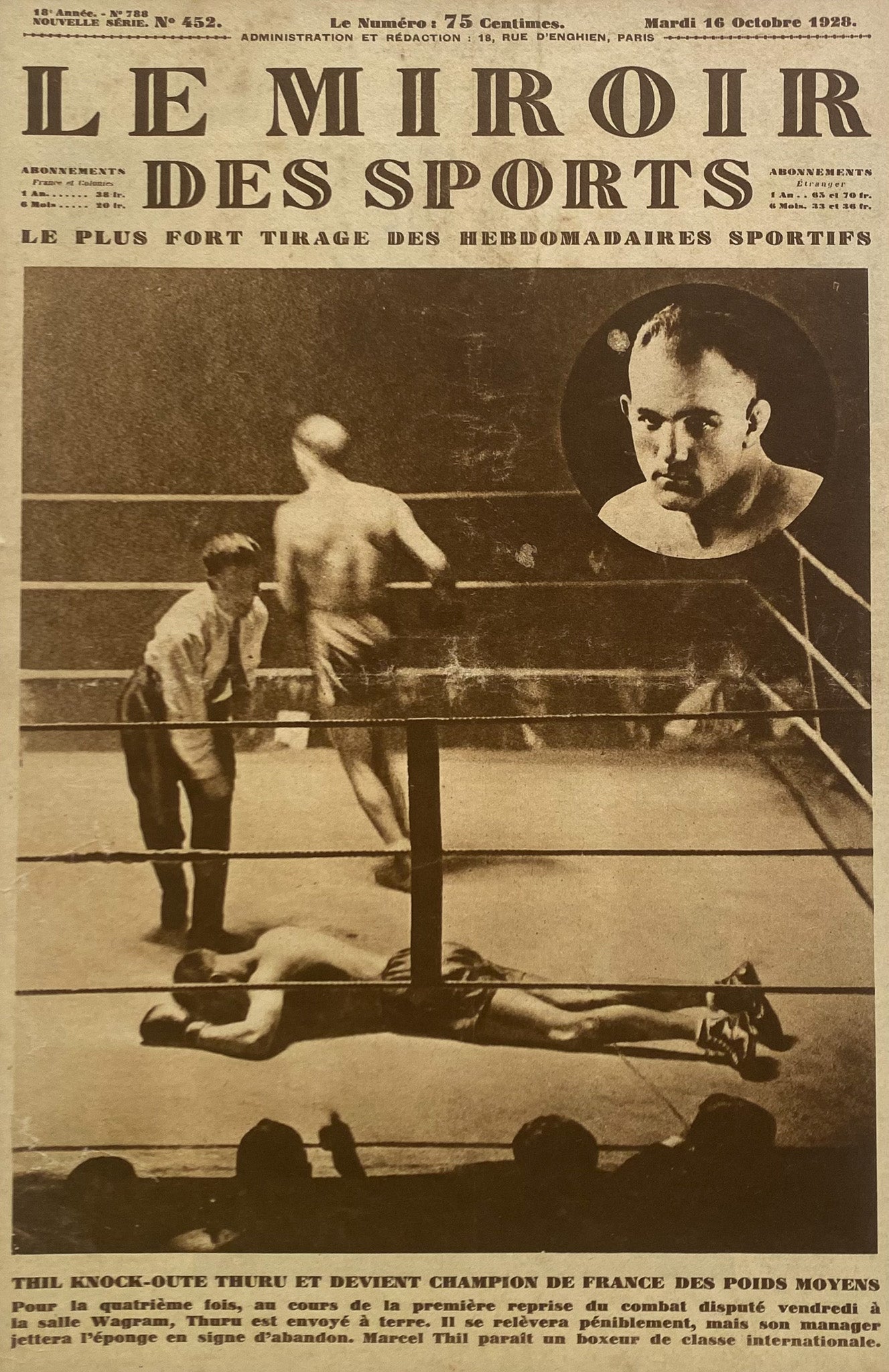 Affiche Le Miroir des Sports  - Championnat de France Boxe des Poids Moyens - Octobre 1928 N°452