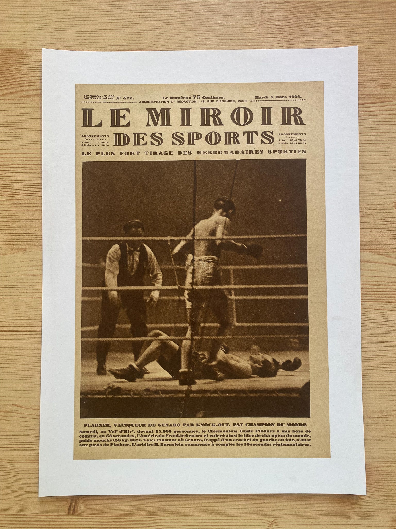 Affiche Le Miroir des Sports  - Championnat du Monde de Boxe  - Mars 1929 N°472