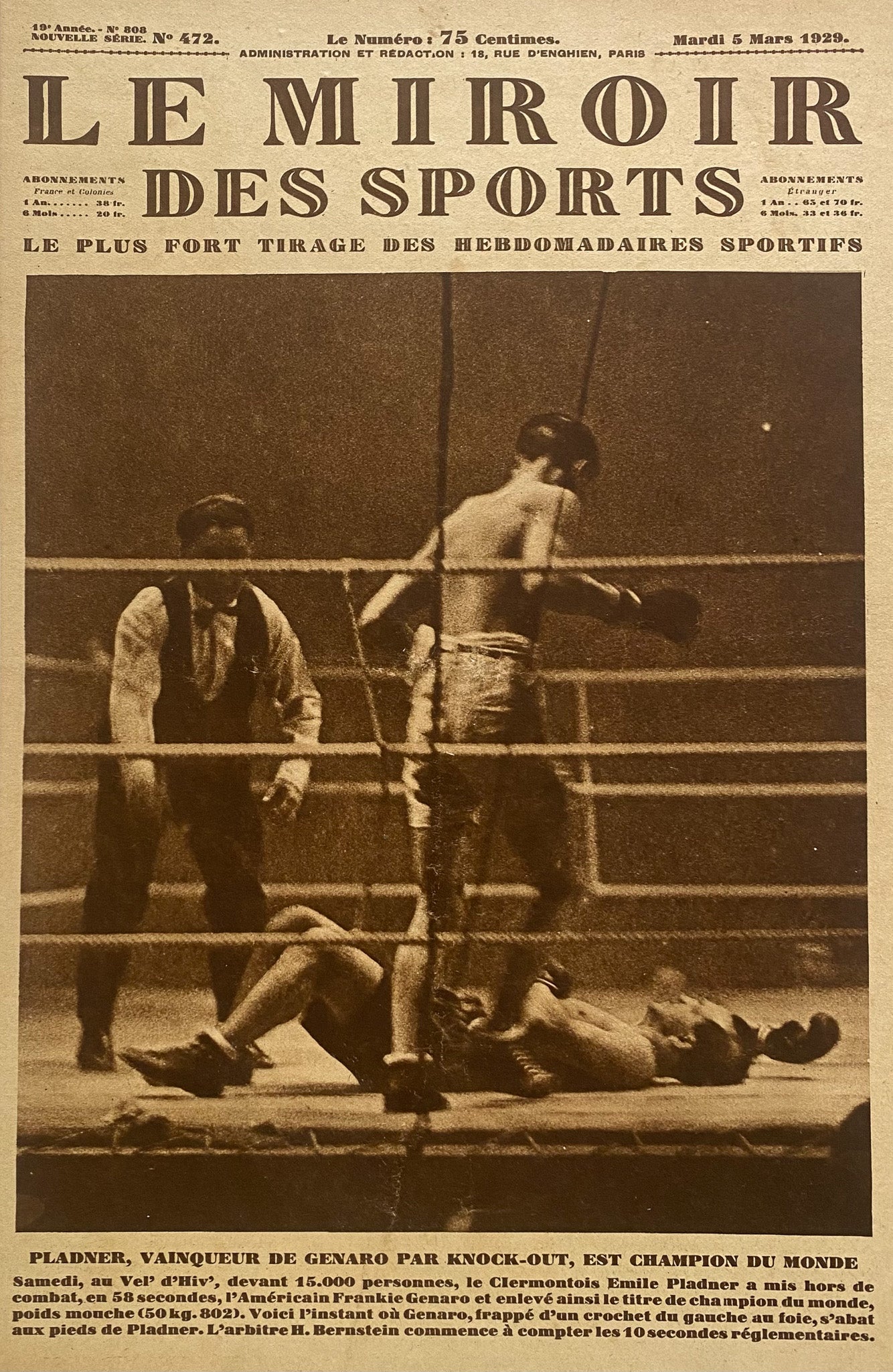 affiche Le Miroir des Sports  - Championnat du Monde de Boxe  - Mars 1929 N°472