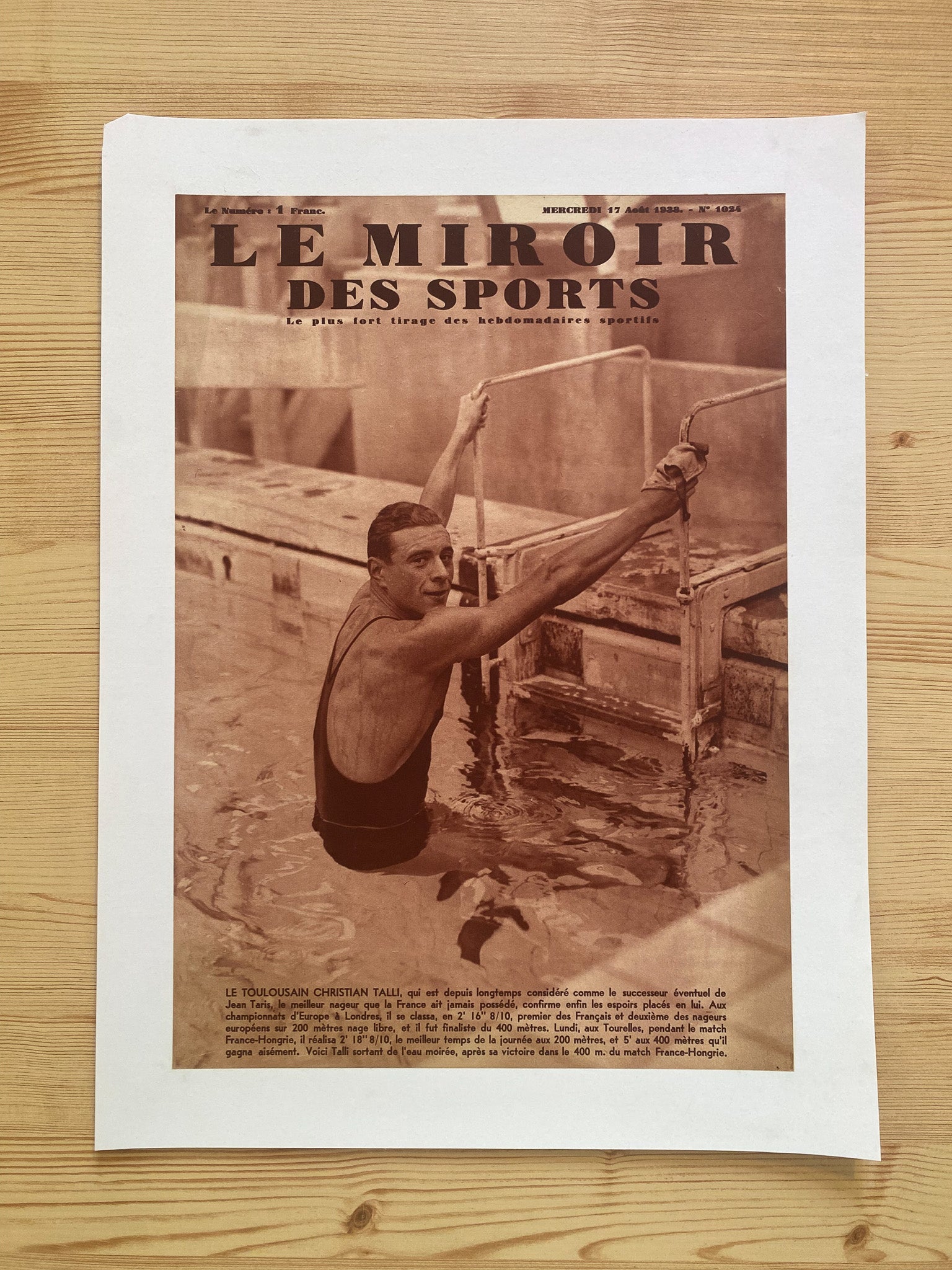 Affiche Le Miroir des Sports  - Championnat d'Europe de Natation  - Aout 1938 N°1024