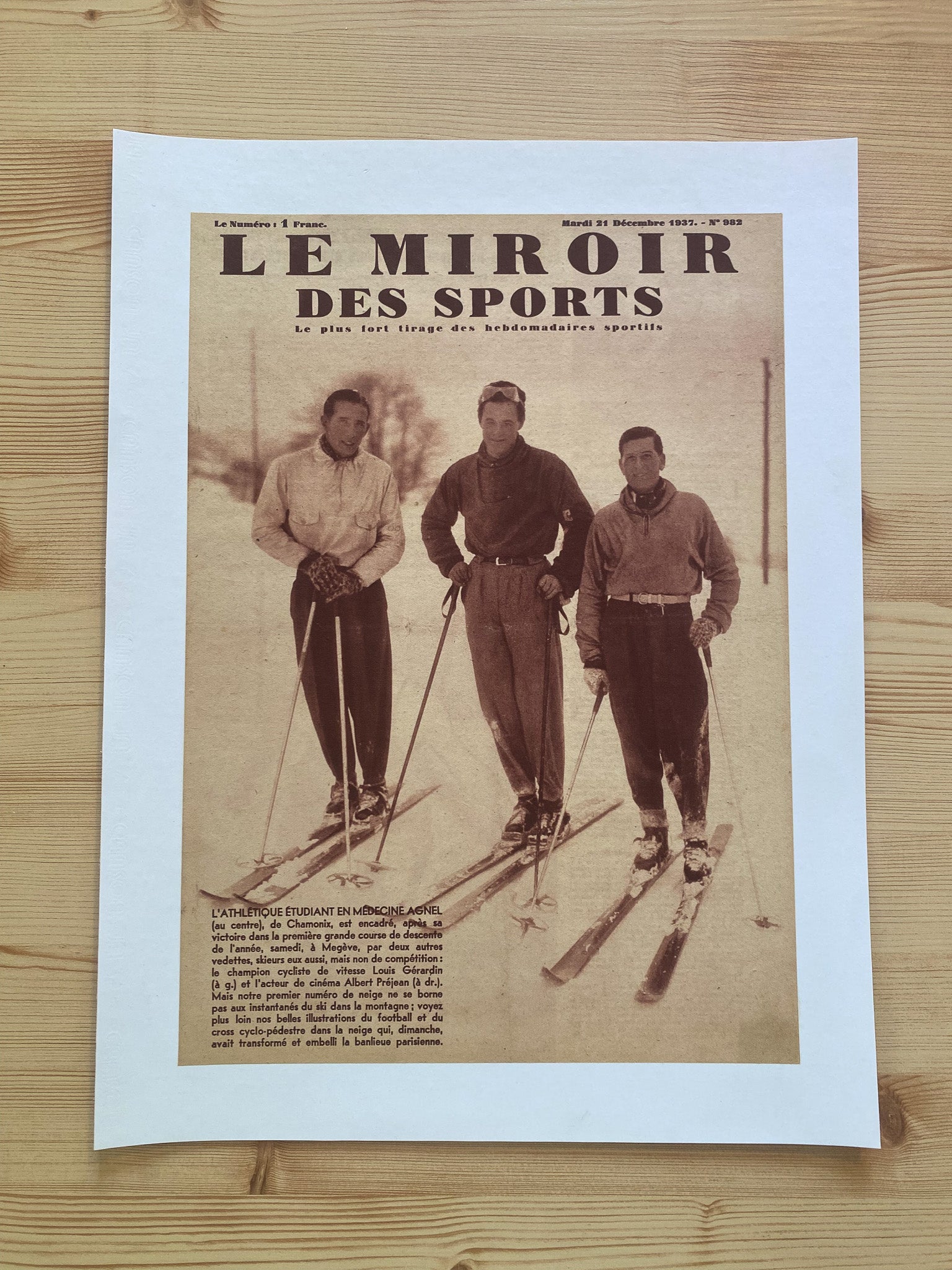 Affiche Le Miroir des Sports  - Skis Grande course de Descente  - Décembre 1937 N°982