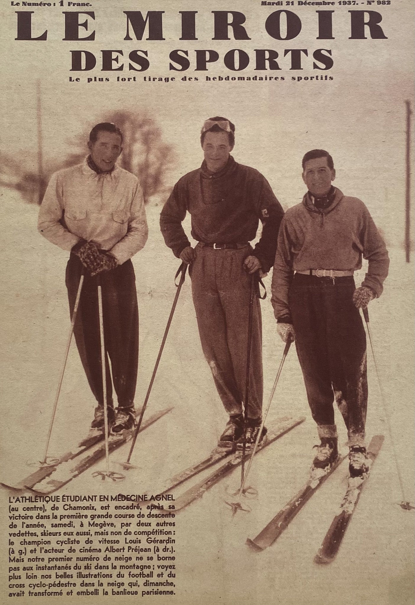 Affiche Le Miroir des Sports  - Skis Grande course de Descente  - Décembre 1937 N°982