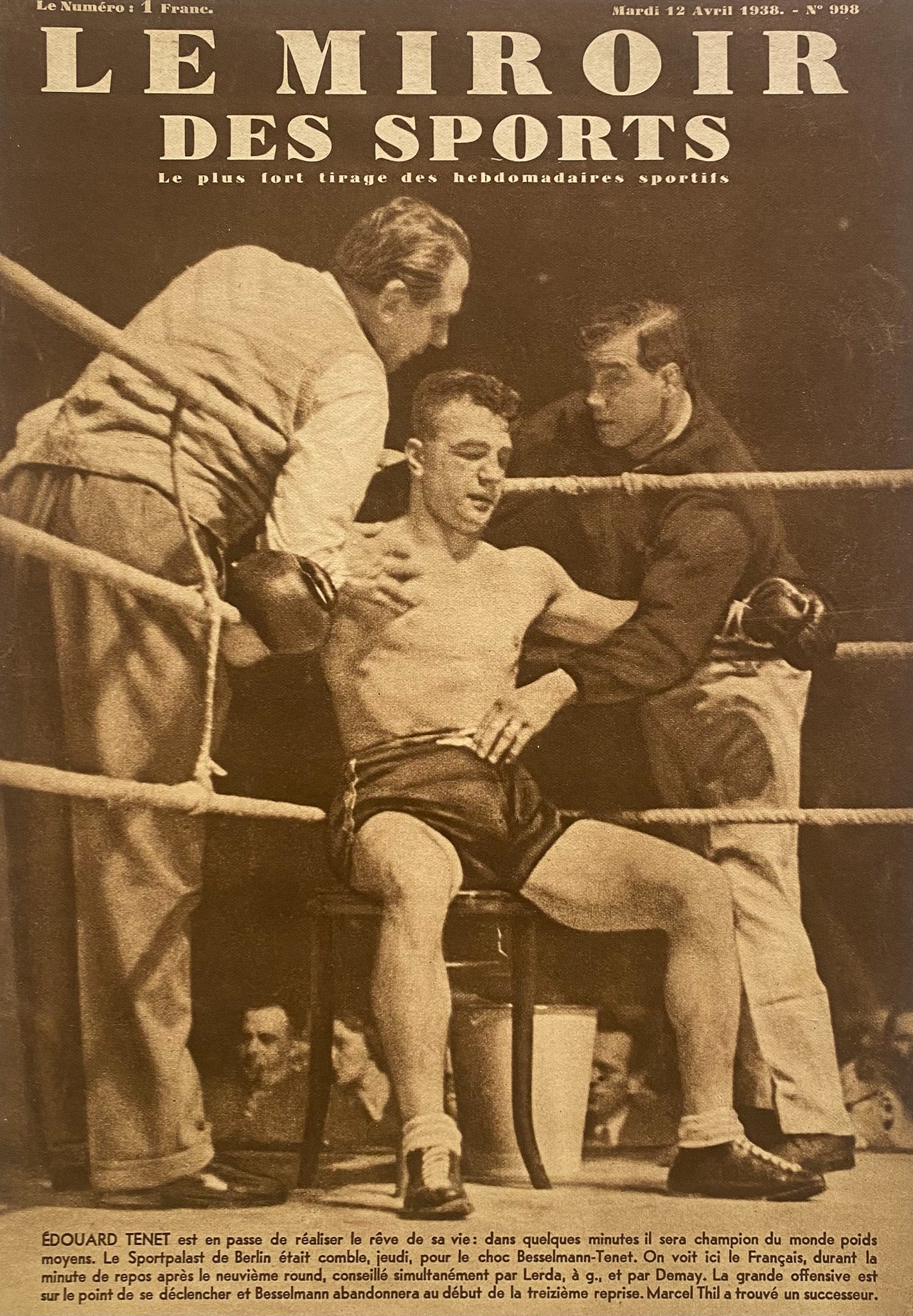 AFFICHE Le Miroir des Sports  - Boxe Championnat du Monde  - Avril 1938 N°998 