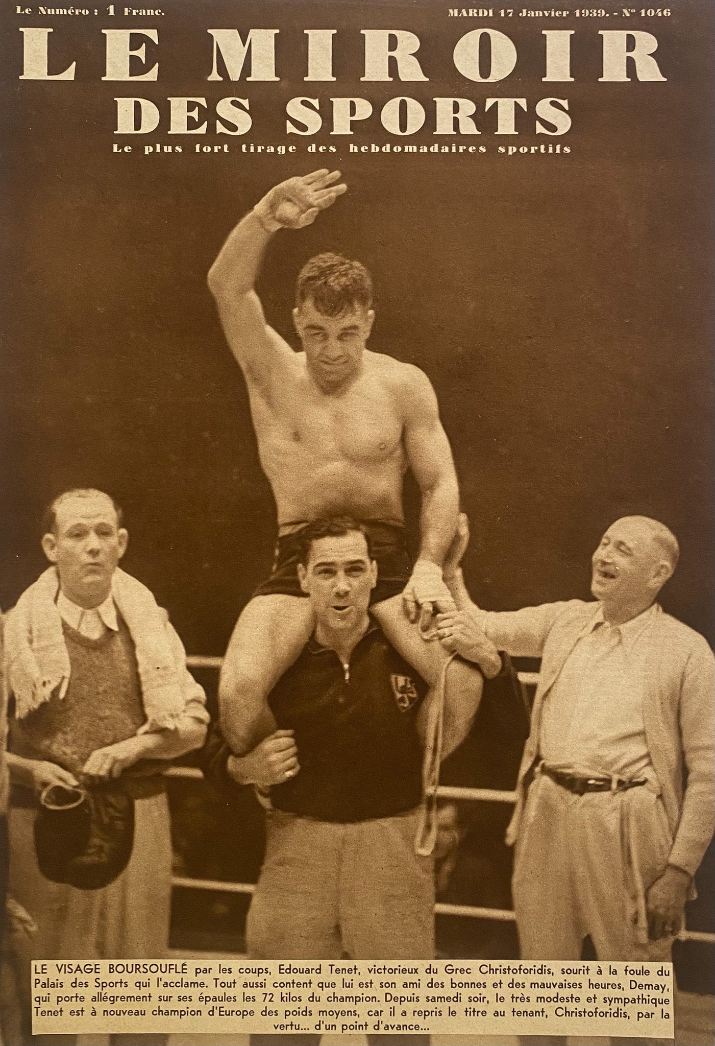 Affiche Le Miroir des Sports  - Championnat d'Europe Boxe  - Janvier 1939 N°1046