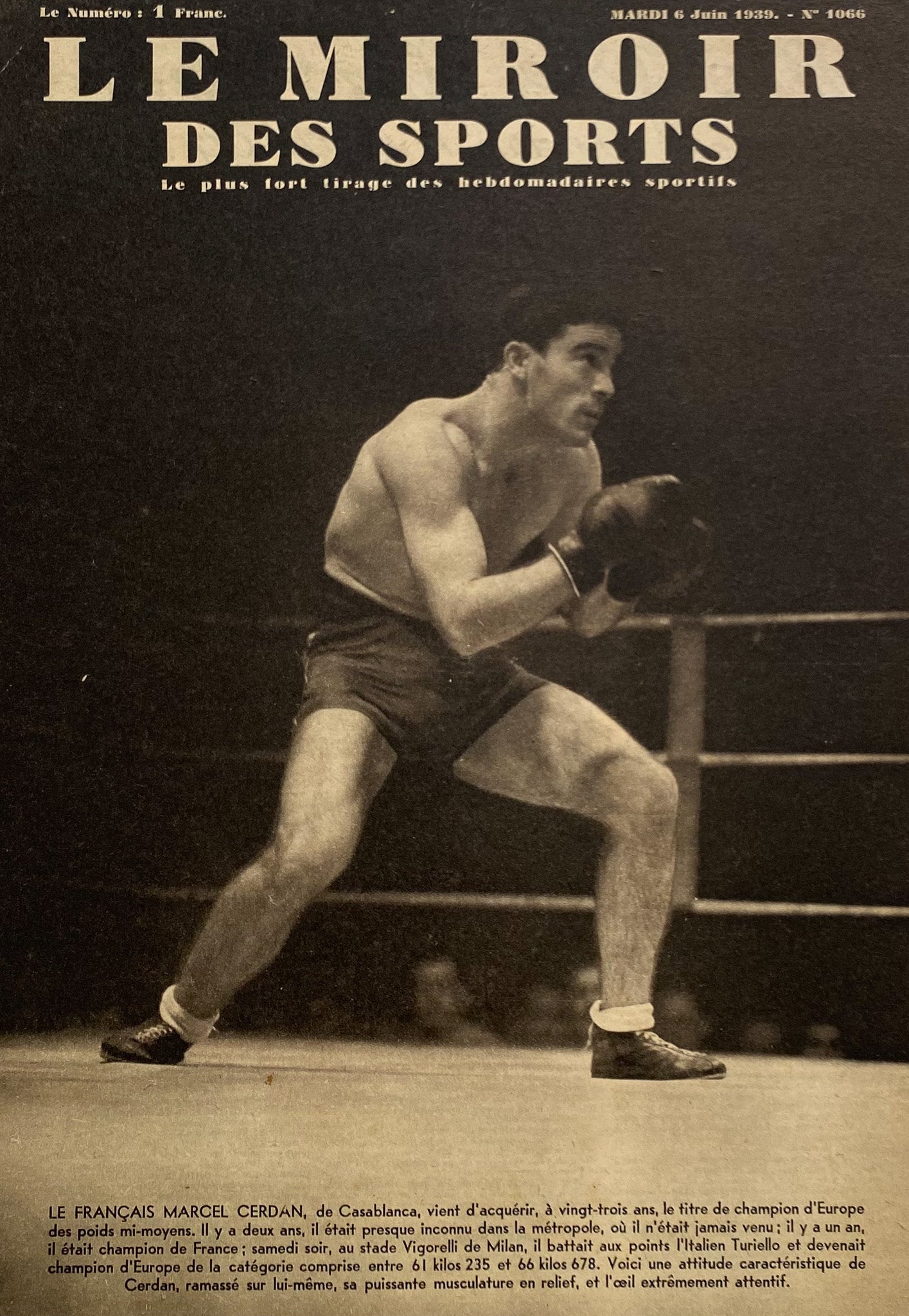 Affiche Le Miroir des Sports  - Championnat d'Europe Boxe  - Juin 1939 N°1066