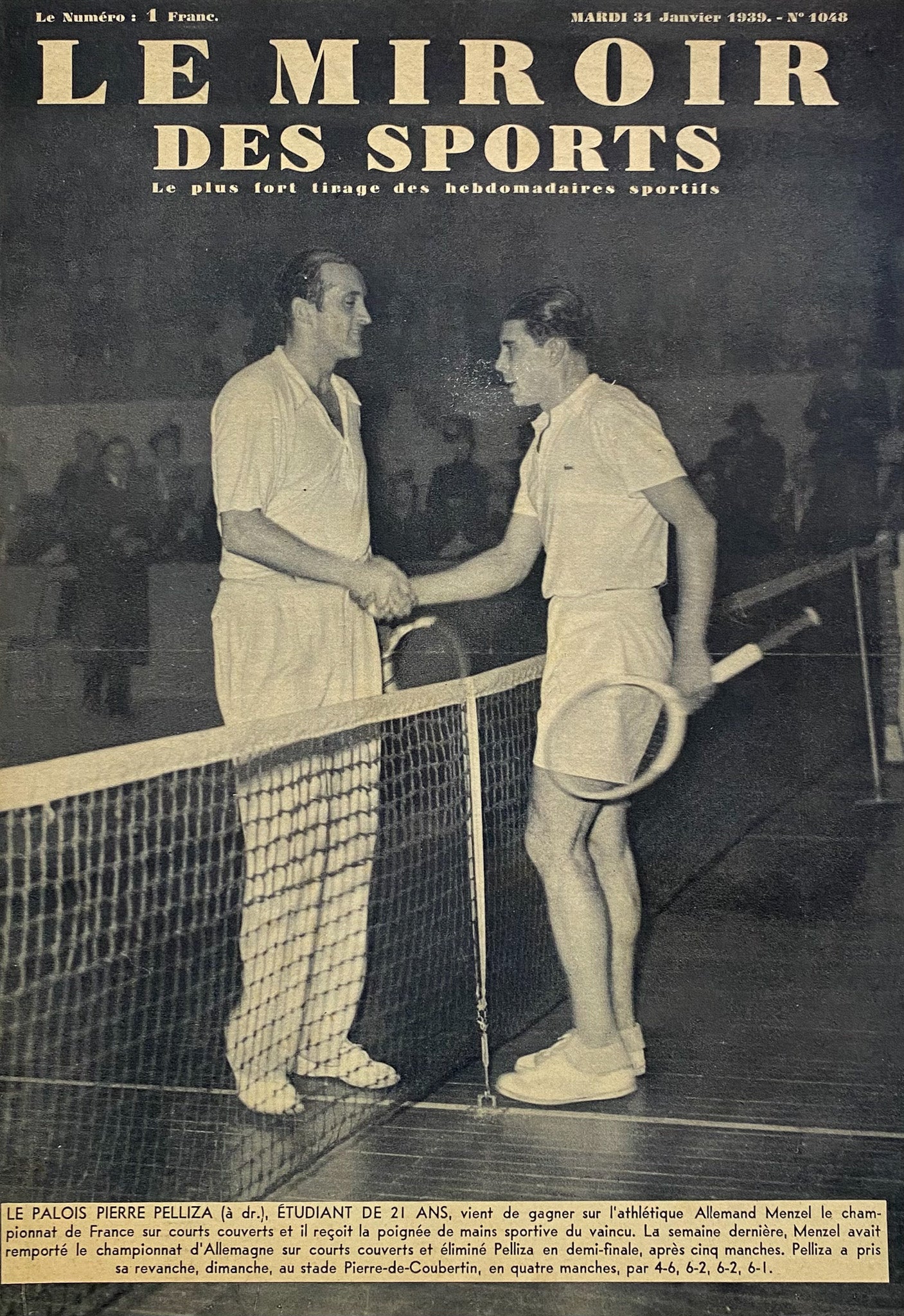 Affiche Le Miroir des Sports  - Championnat de France de Tennis  - Janvier 1939 N°1048