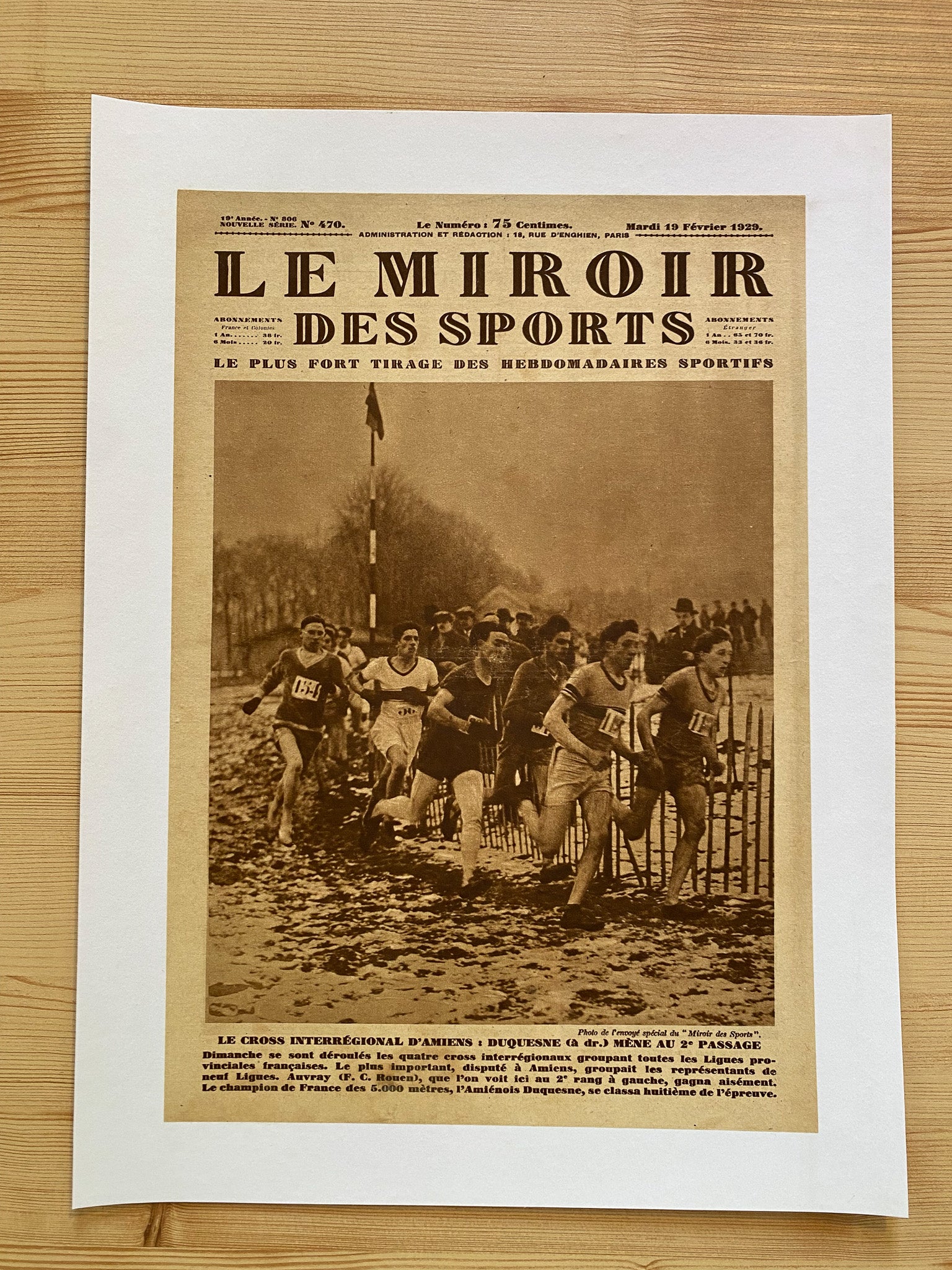 Affiche Le Miroir des Sports  - Cross Inter régional d'Amiens - Février 1929 N°470