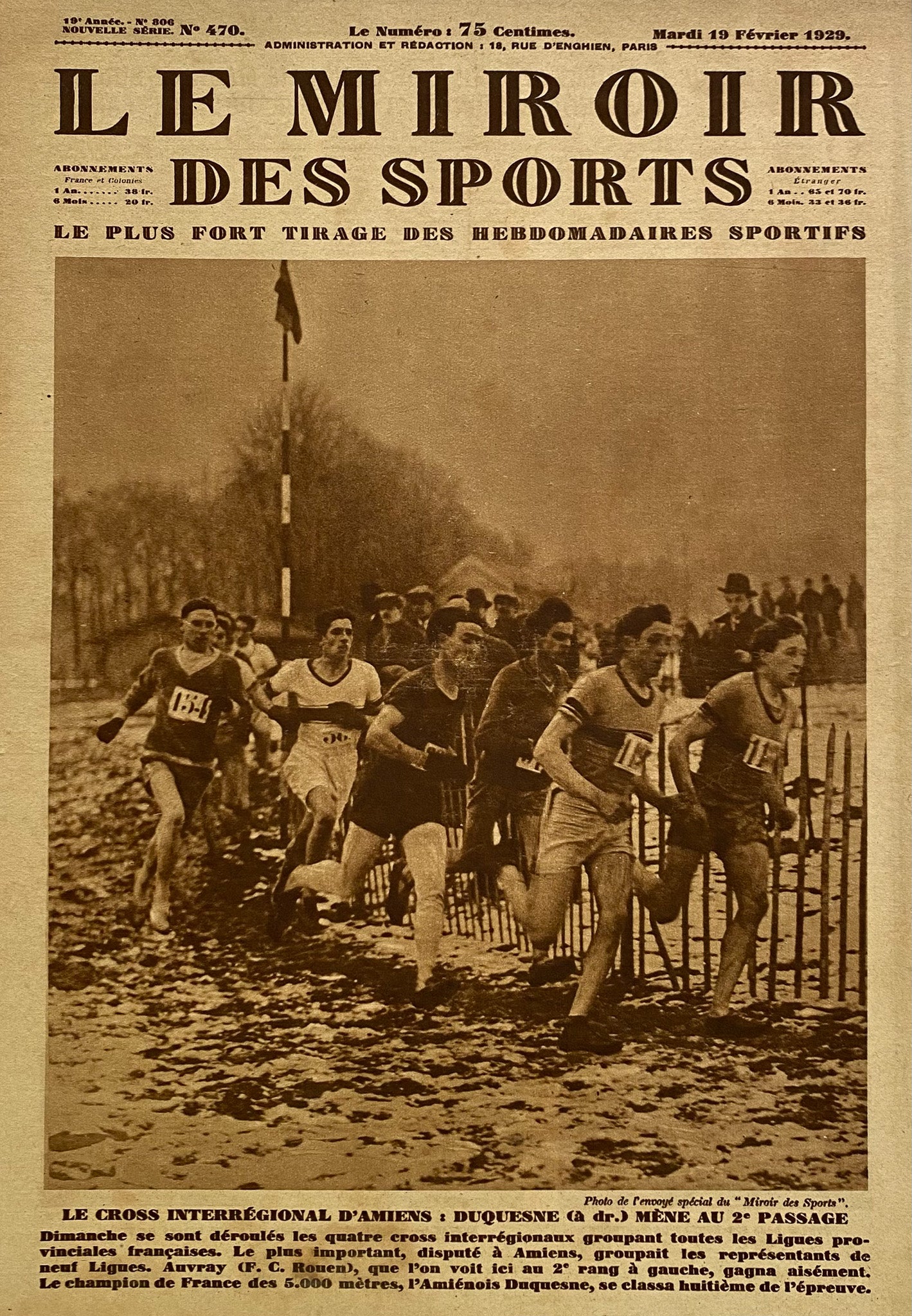 Affiche Le Miroir des Sports  - Cross Inter régional d'Amiens - Février 1929 N°470