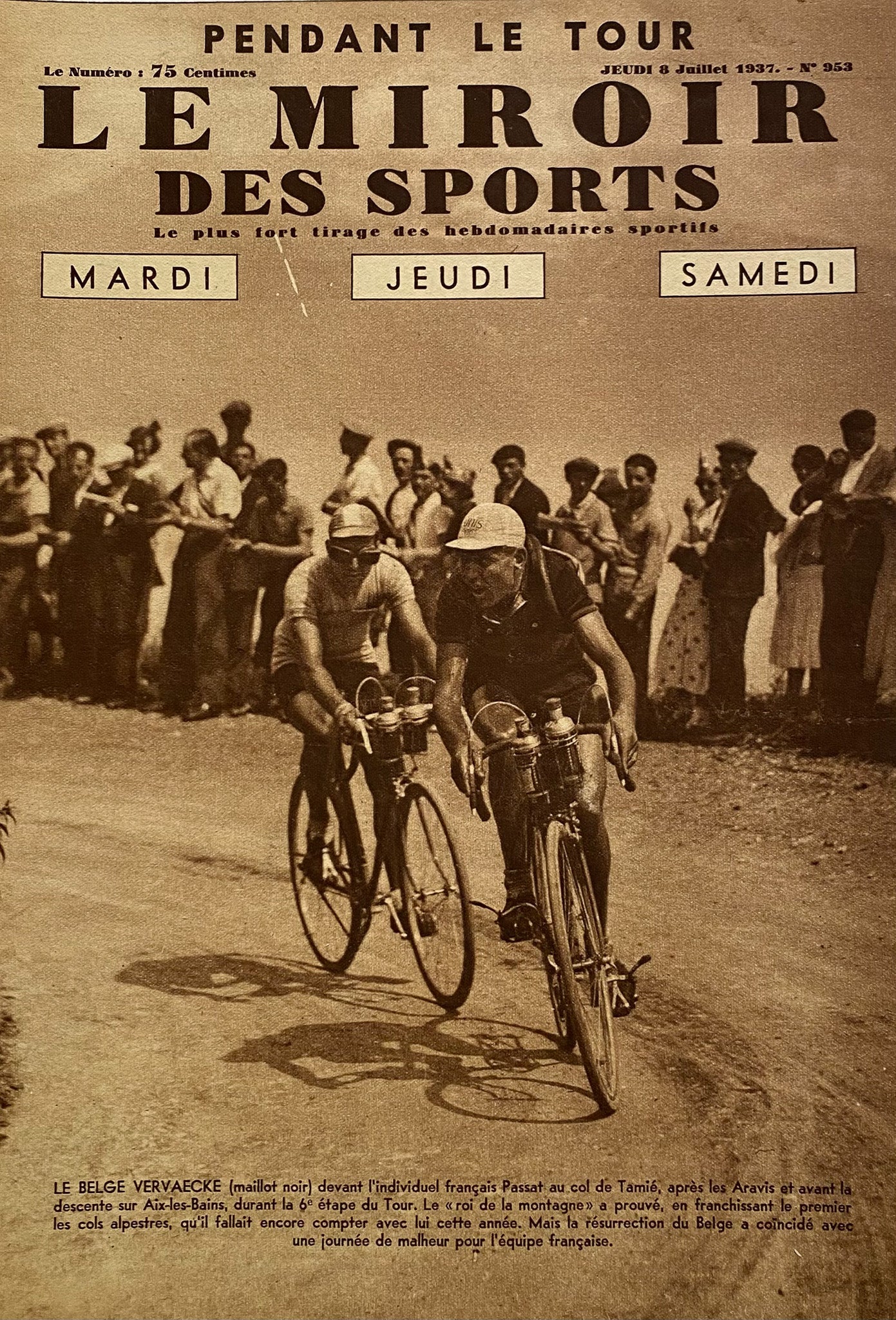 Affiche Le Miroir des Sports  - Cyclisme Tour de France - Juillet 1937 N°953