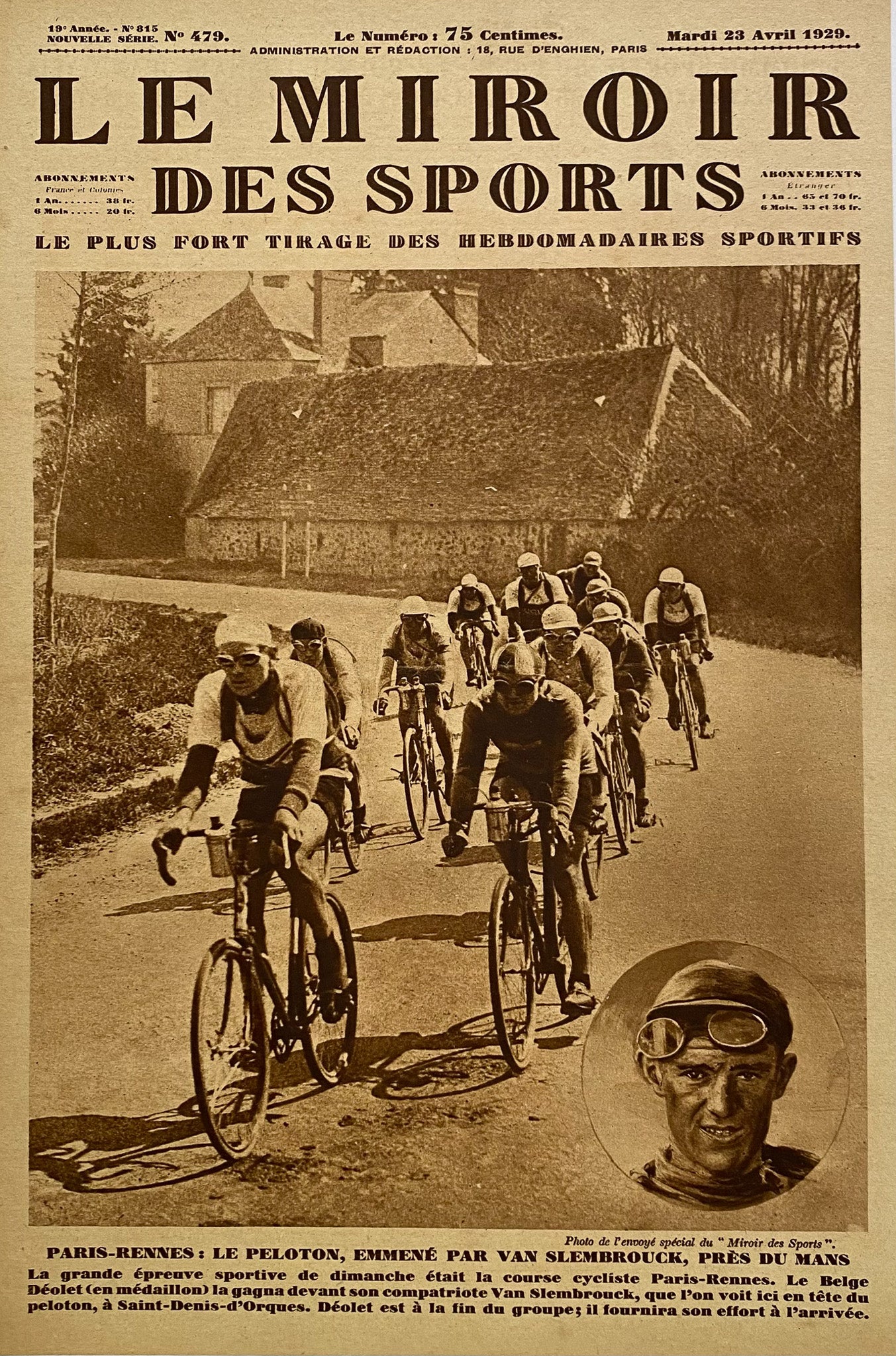 Affiche Le Miroir des Sports  - Cyclisme Paris Rennes - Avril 1929 N°479