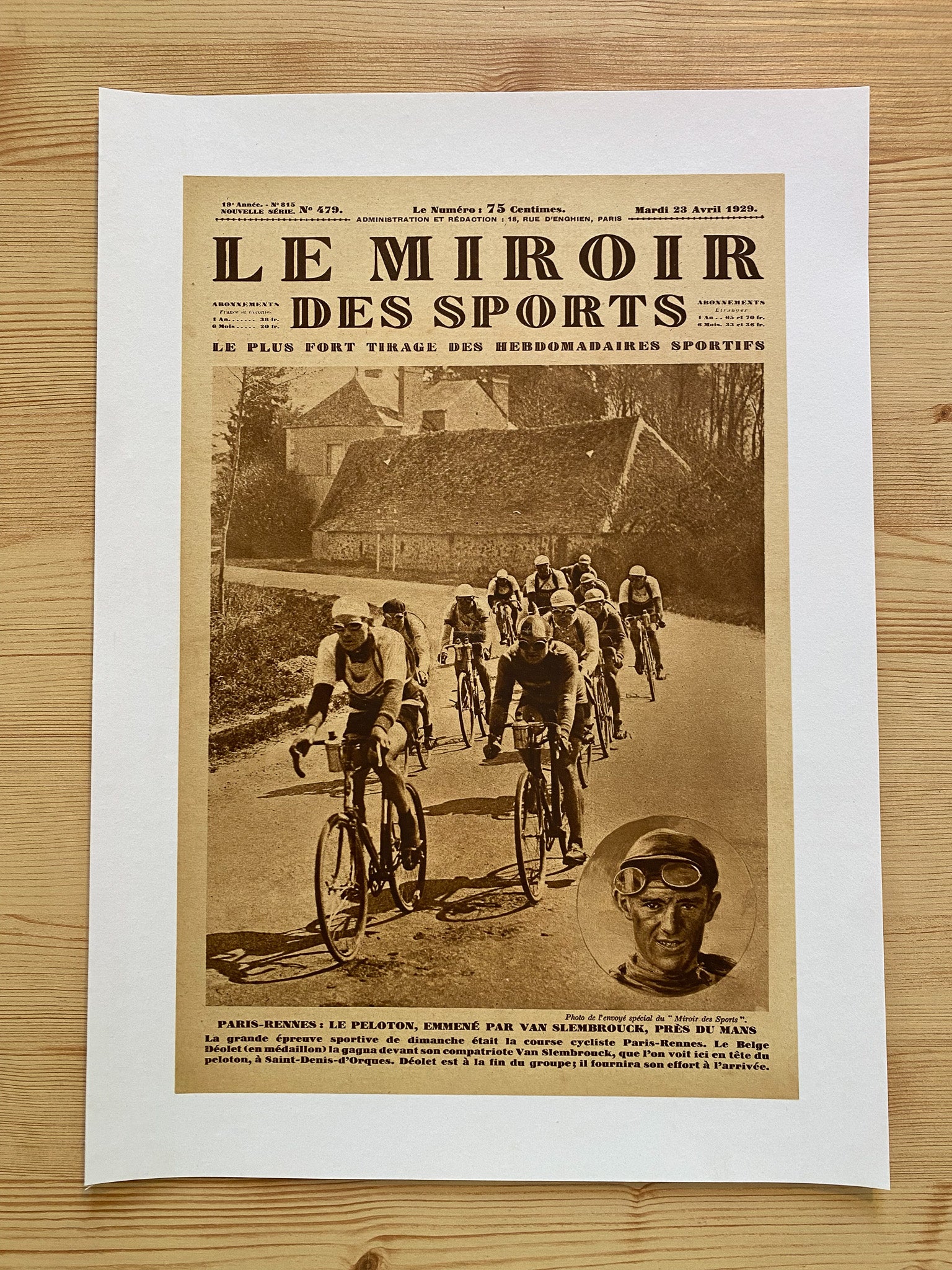 Affiche Le Miroir des Sports  - Cyclisme Paris Rennes - Avril 1929 N°479