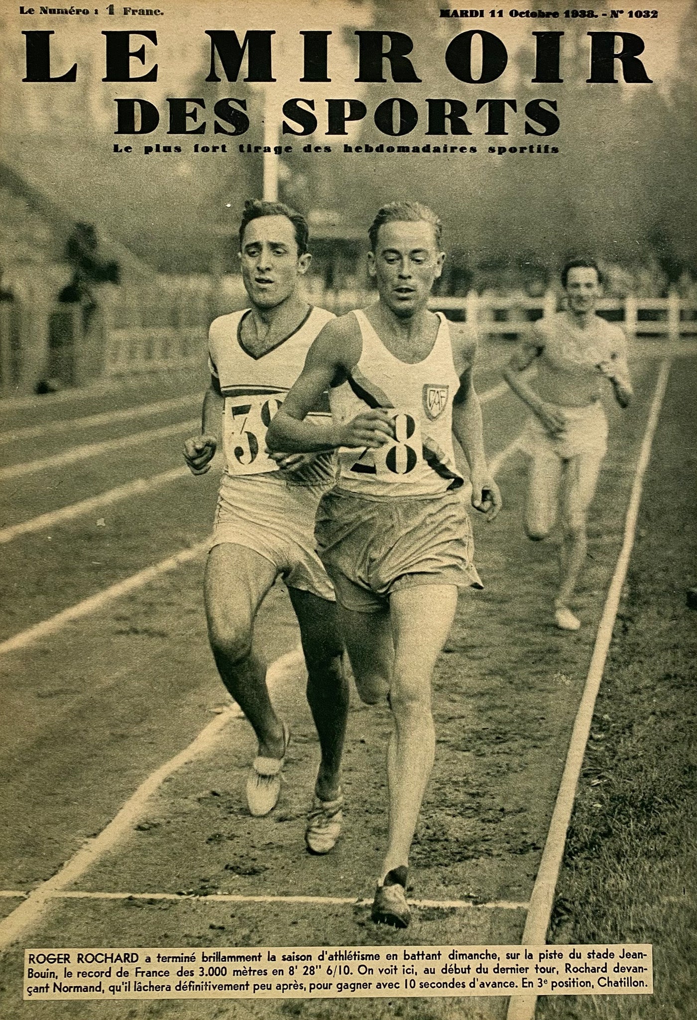 Affiche Le Miroir des Sports  - Athlétisme 3.000 Mètres - Octobre 1938 N°1032