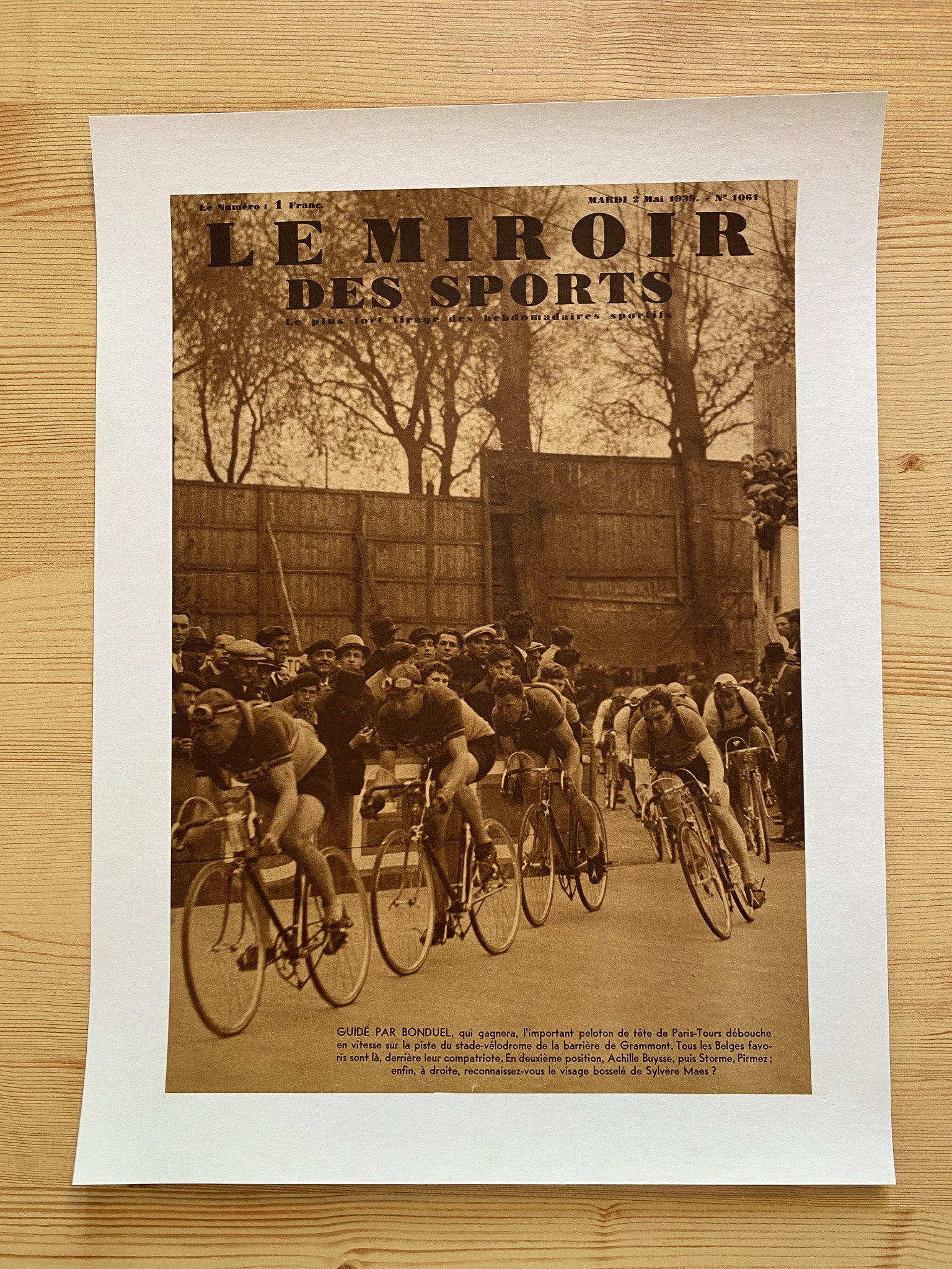 Affiche Le Miroir des Sports  - Cyclisme Paris Tours - Mai 1939 N°1061