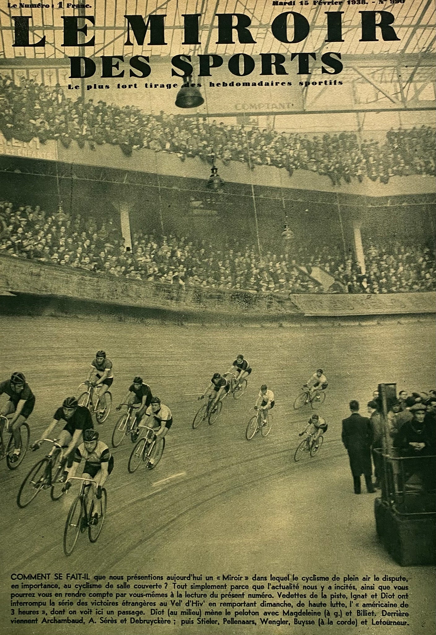 Affiche Le Miroir des Sports  - Cyclisme de plein Air -  Février 1938 N°990