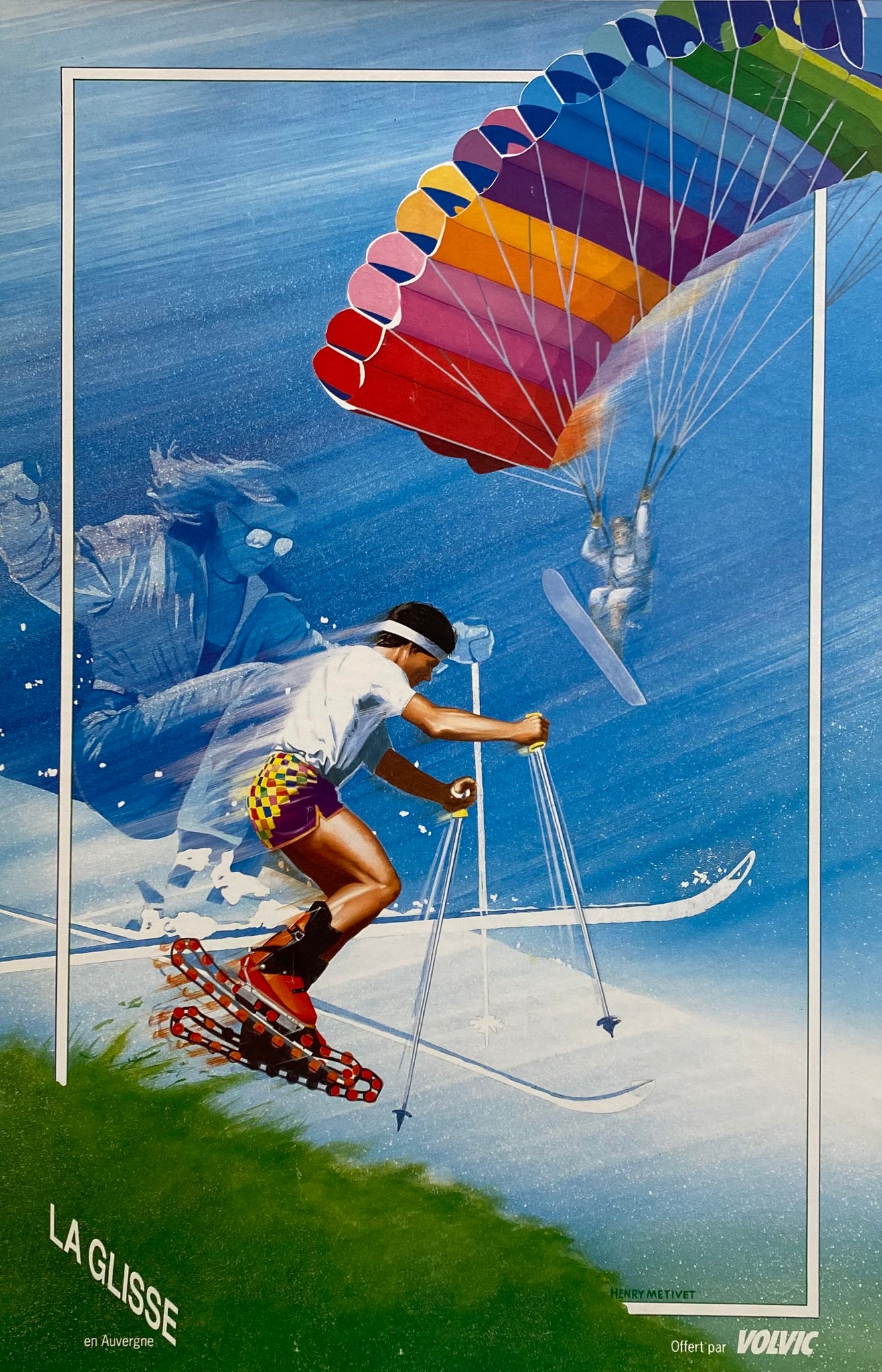 Affiche Ancienne Sport - La Glisse en Auvergne Par Henry Metivet, 1990