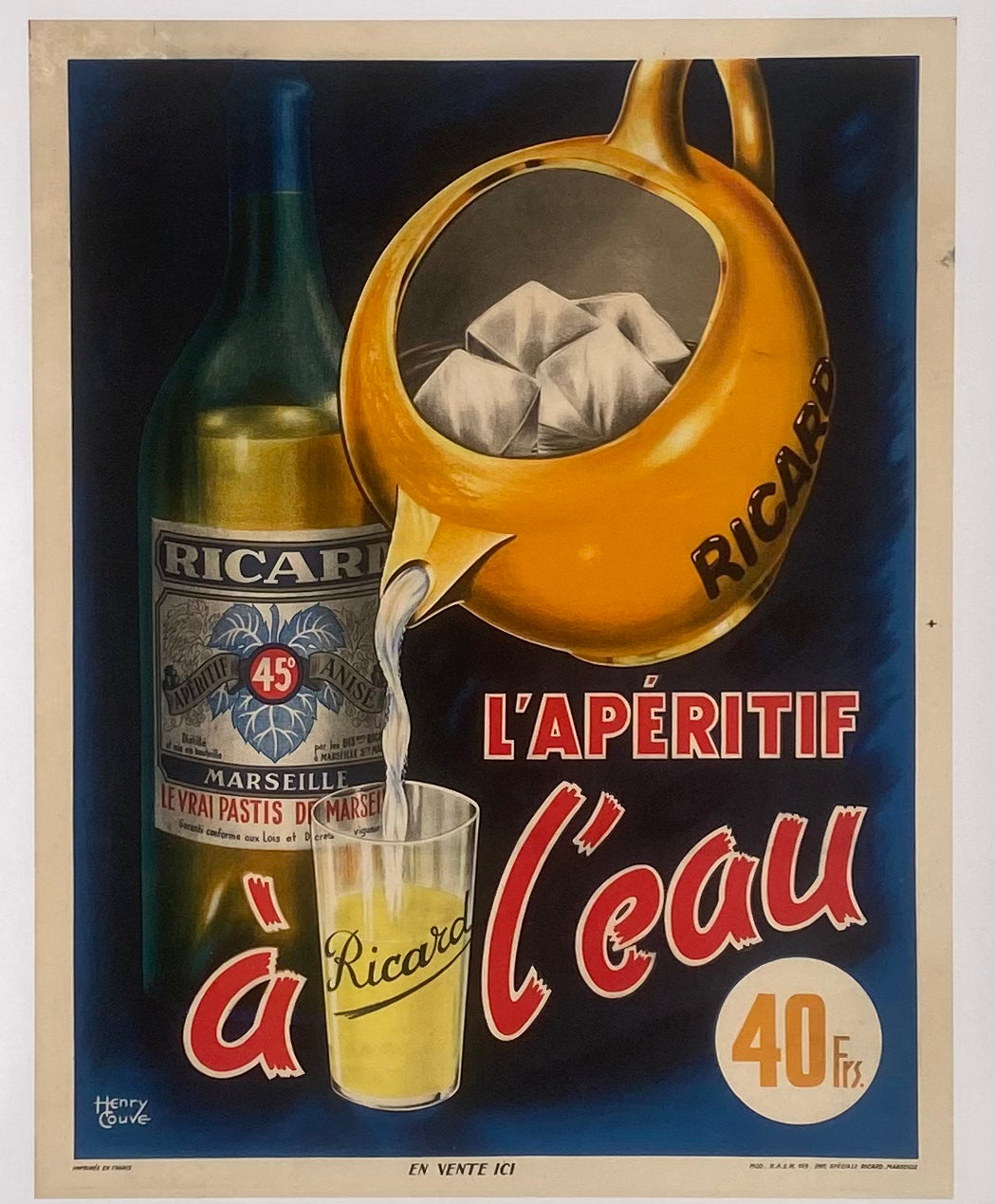 Rare Affiche Lithographique Ricard L'Apéritif à l'eau 40 Franc Henry Couve, 1960