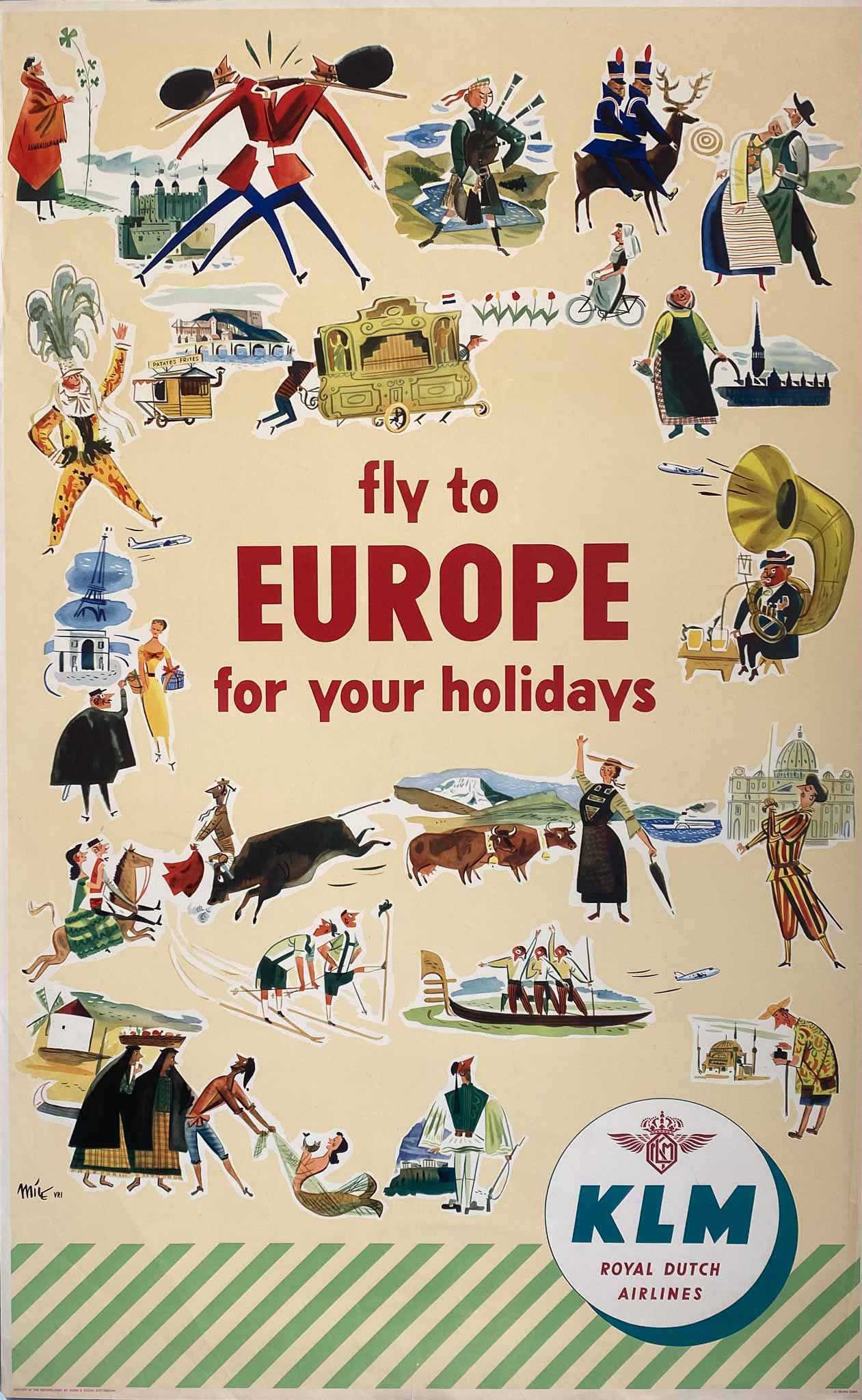 Affiche KLM Fly to Europe For Your Hollidays par Brusteede Emile, 1955
