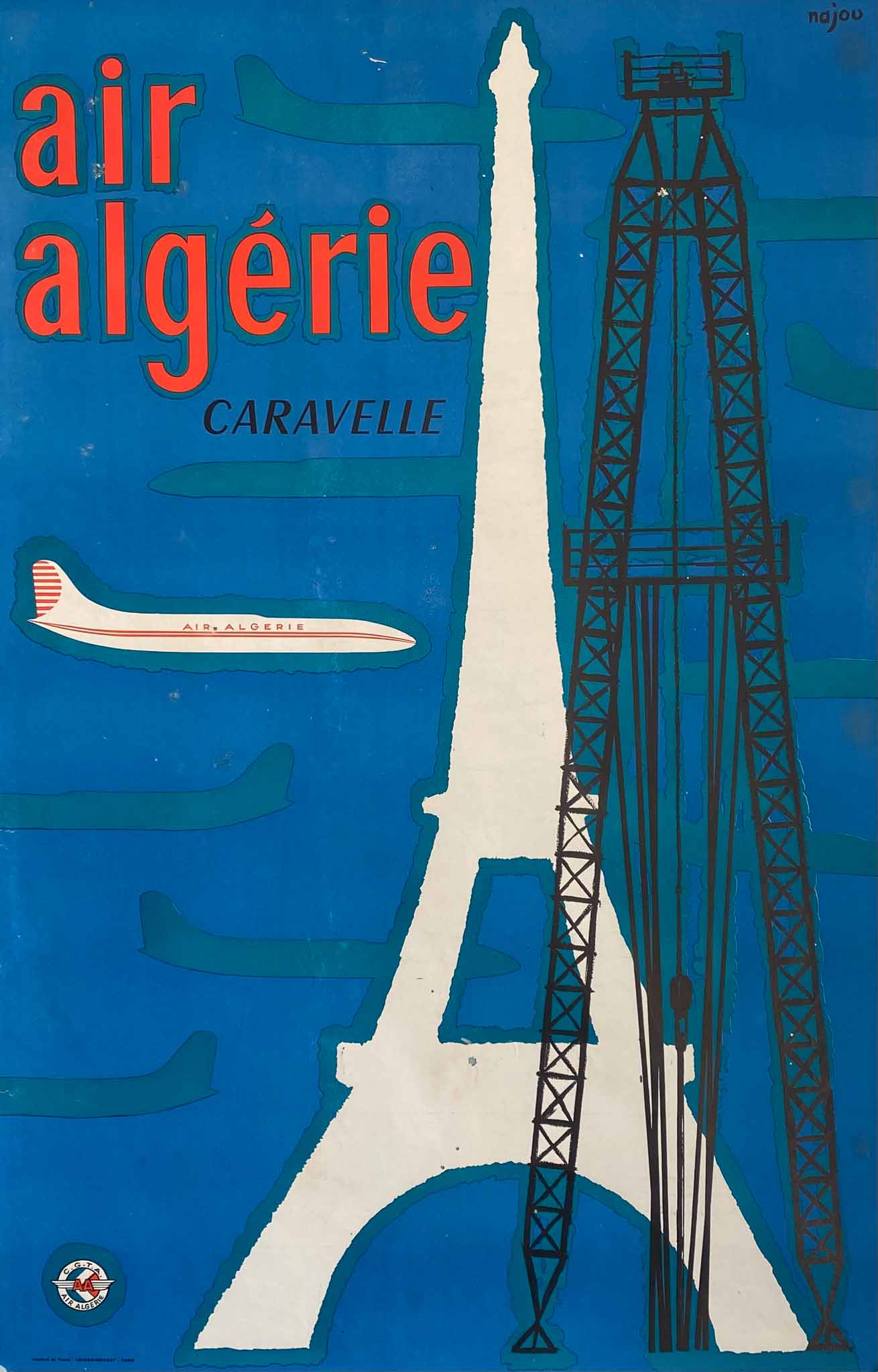 Affiche Air Algérie Caravelle Tour Eiffel par Najou, 1950