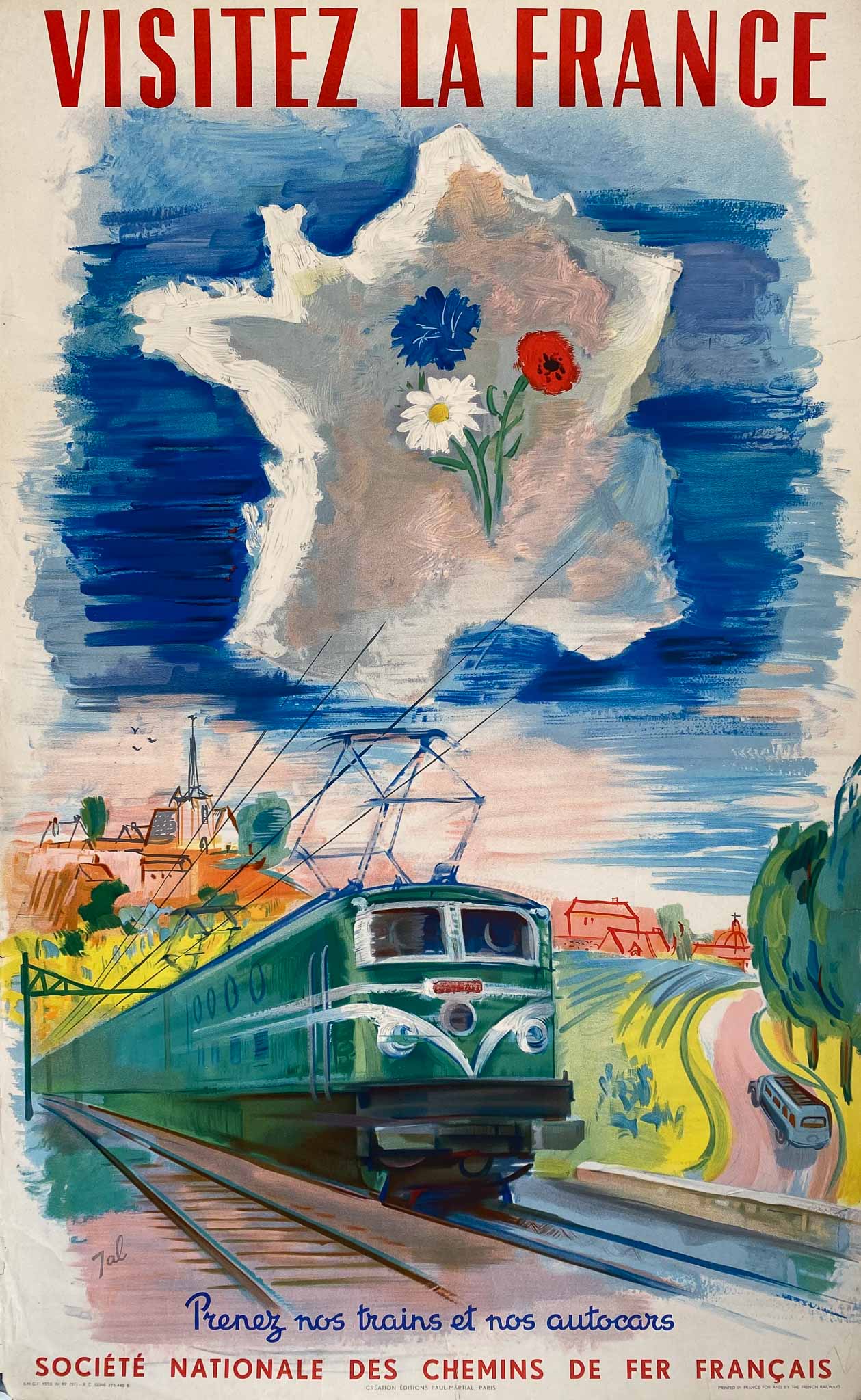 Affiche Visitez la France, prenez nos trains et nos autocars par Jal, 1952 SNCF