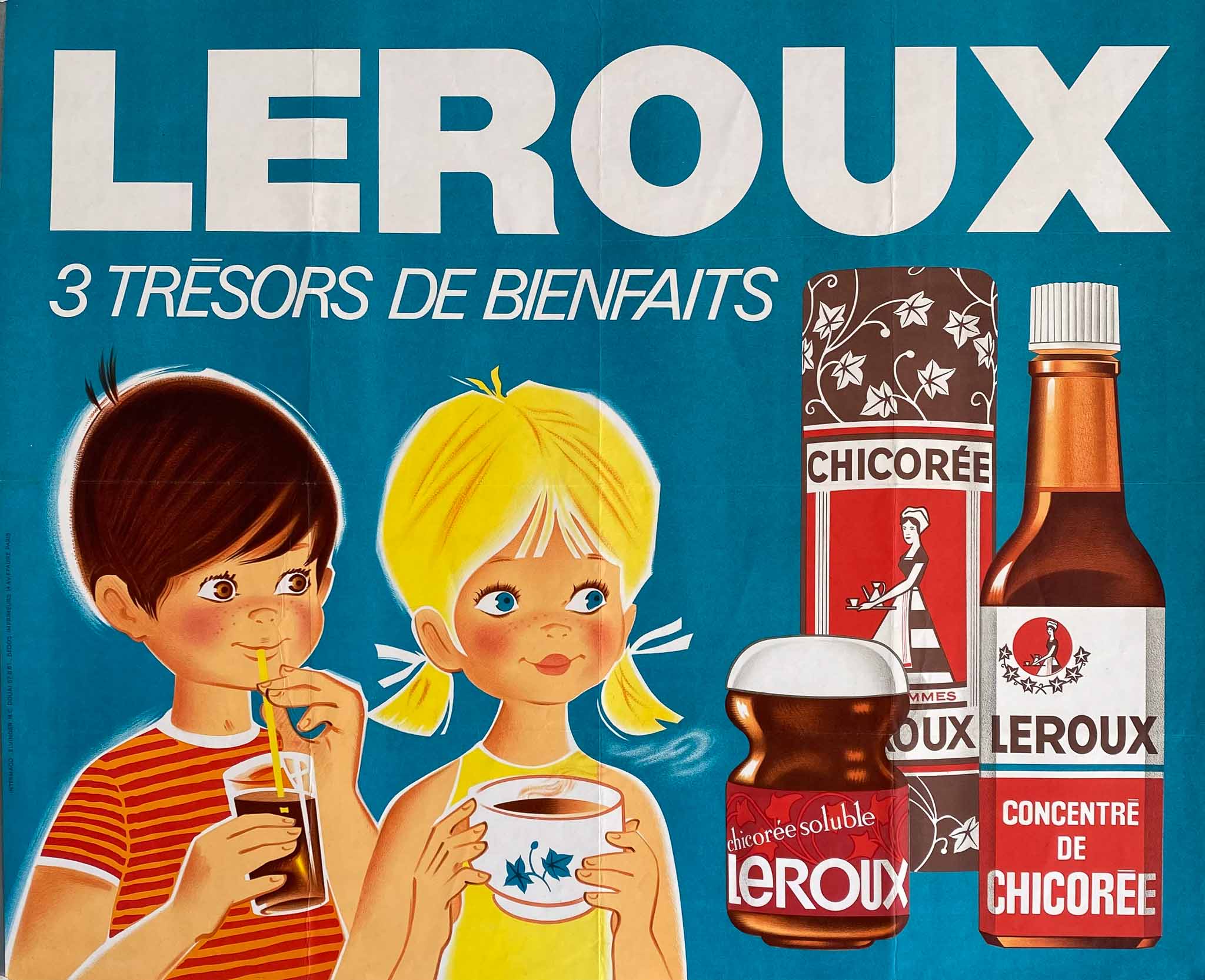 Affiche Chicorée Leroux trois trésors de bienfaits 1950