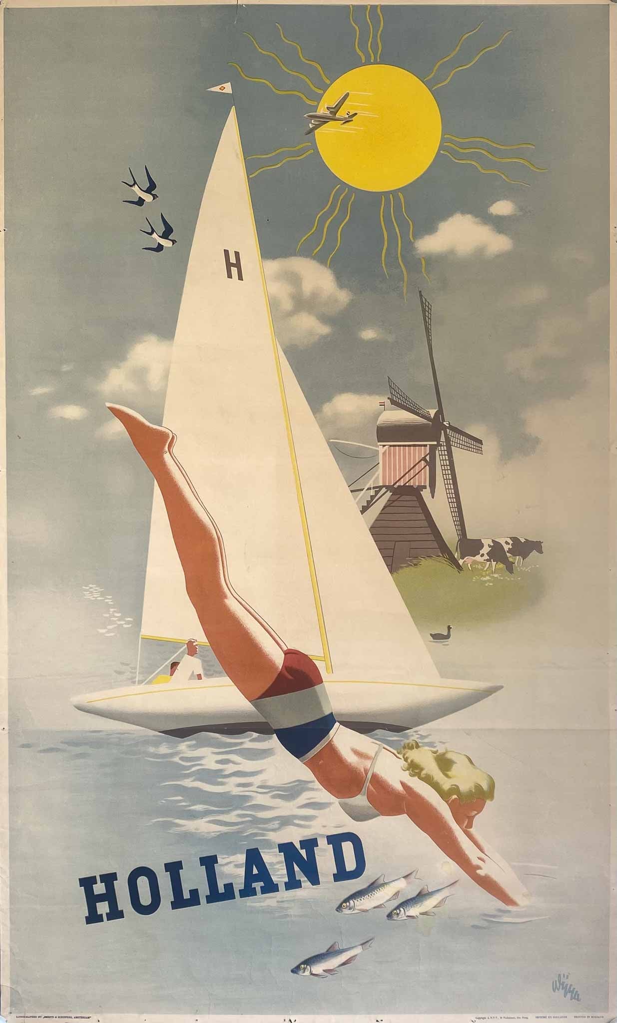 Affiche Holland Voilier & Plongeuse  par Wüma, 1950