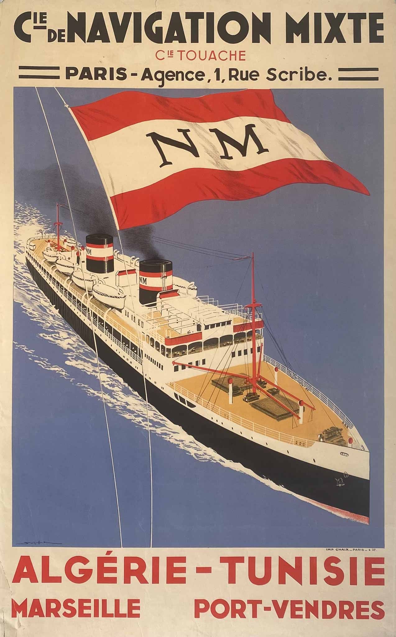 Affiche Compagnie de Navigation Mixte, Algérie-Tunisie Marseille Port-Vendres  par Hook Sandy, 1930