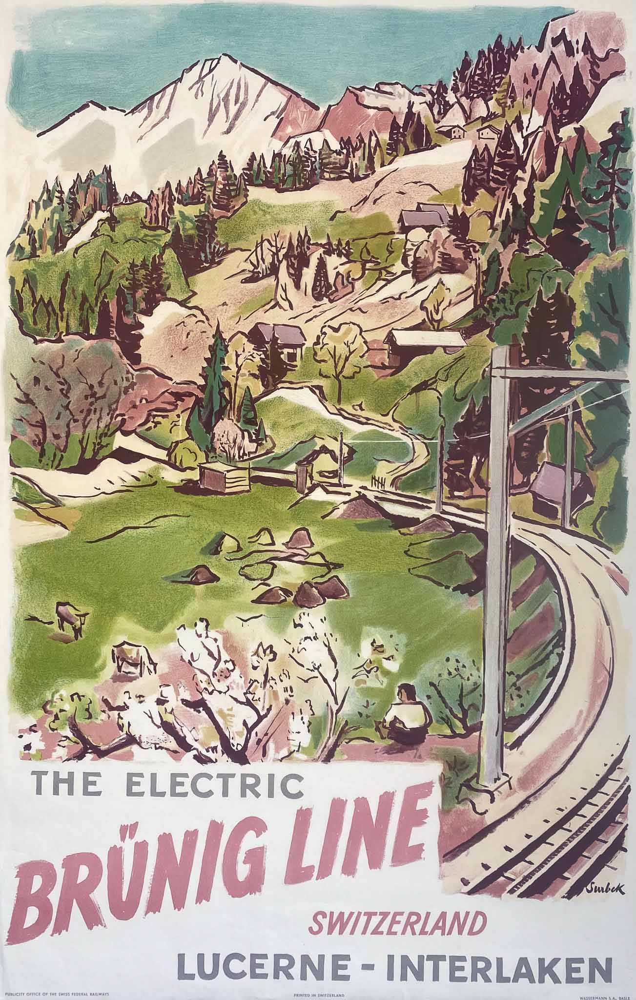 Affiche Brüning Line The Electric Switzerland Lucerne Interlaken par Surbek, 1950