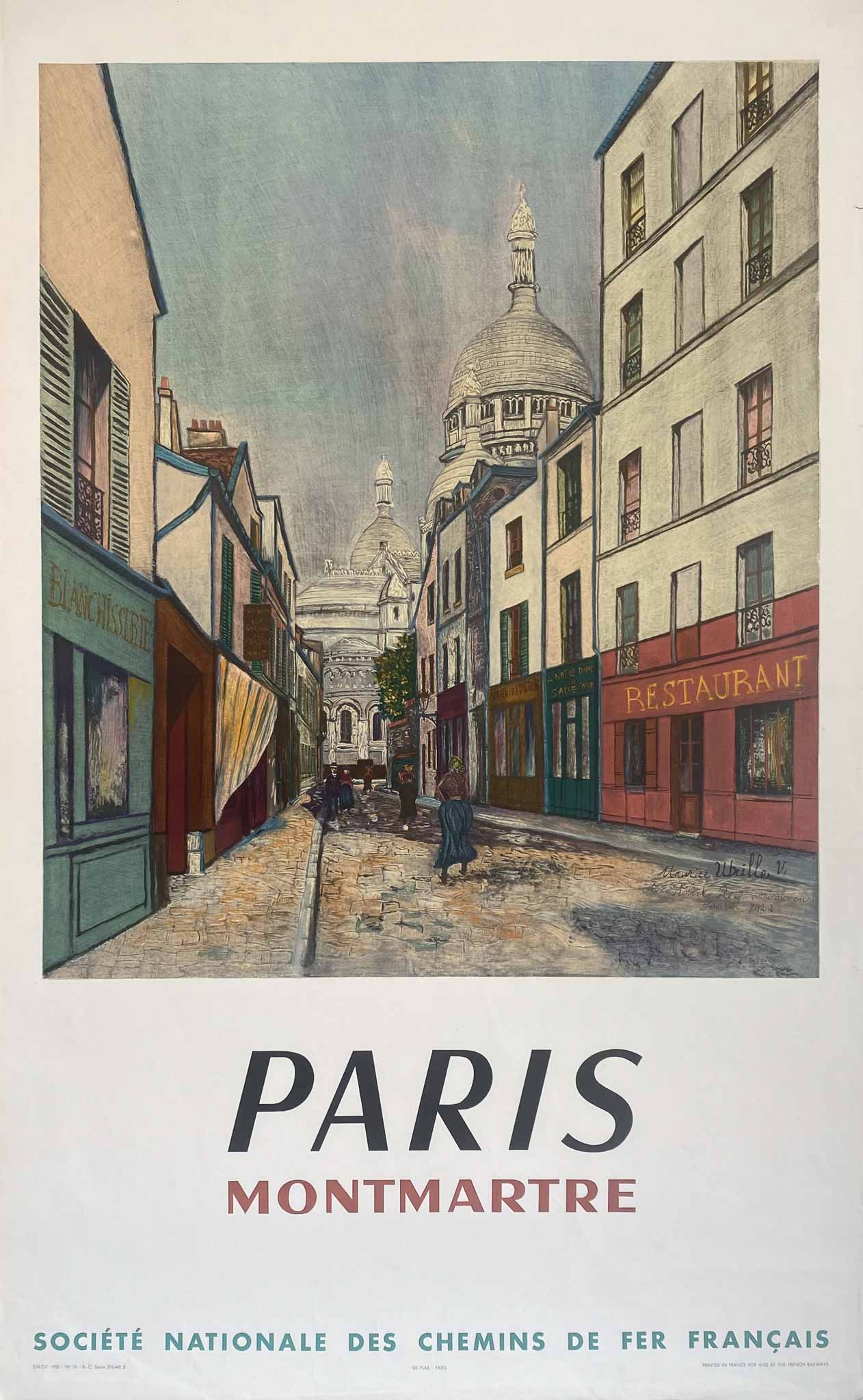 Affiche Montmartre Paris  SNCF par Utrillo Maurice, 1953