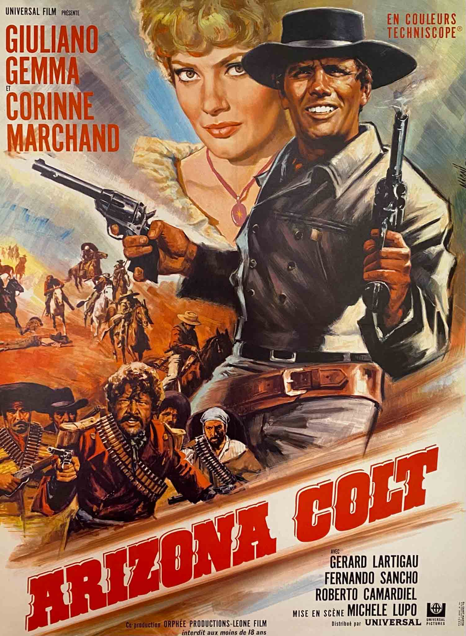 Affiche d'Arizona Colt montrant Giuliano Gemma avec pistolet, scène de bataille en arrière-plan.