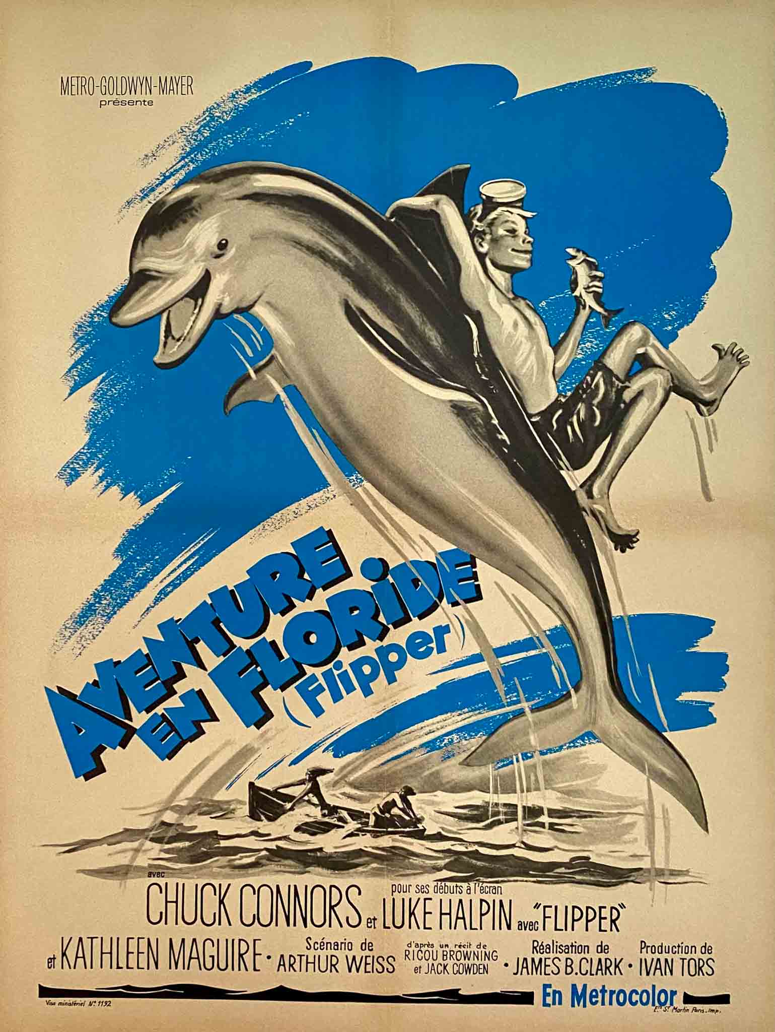 Affiche du film Aventure en Floride avec Chuck Connors et un dauphin, ambiance familiale et aquatique.