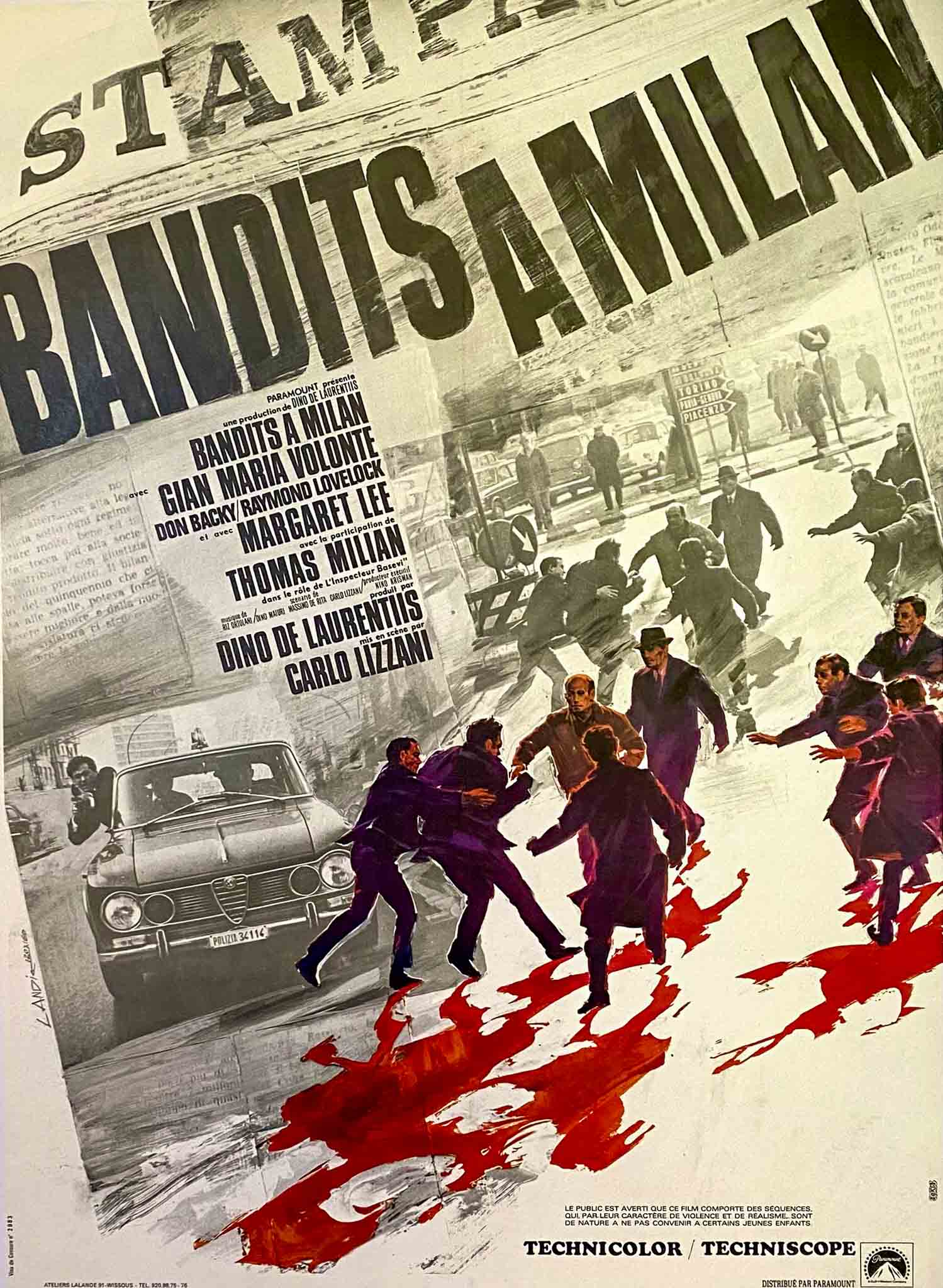 Affiche du film "Bandits à Milan" de 1968, avec une scène de violence et des personnages en action.