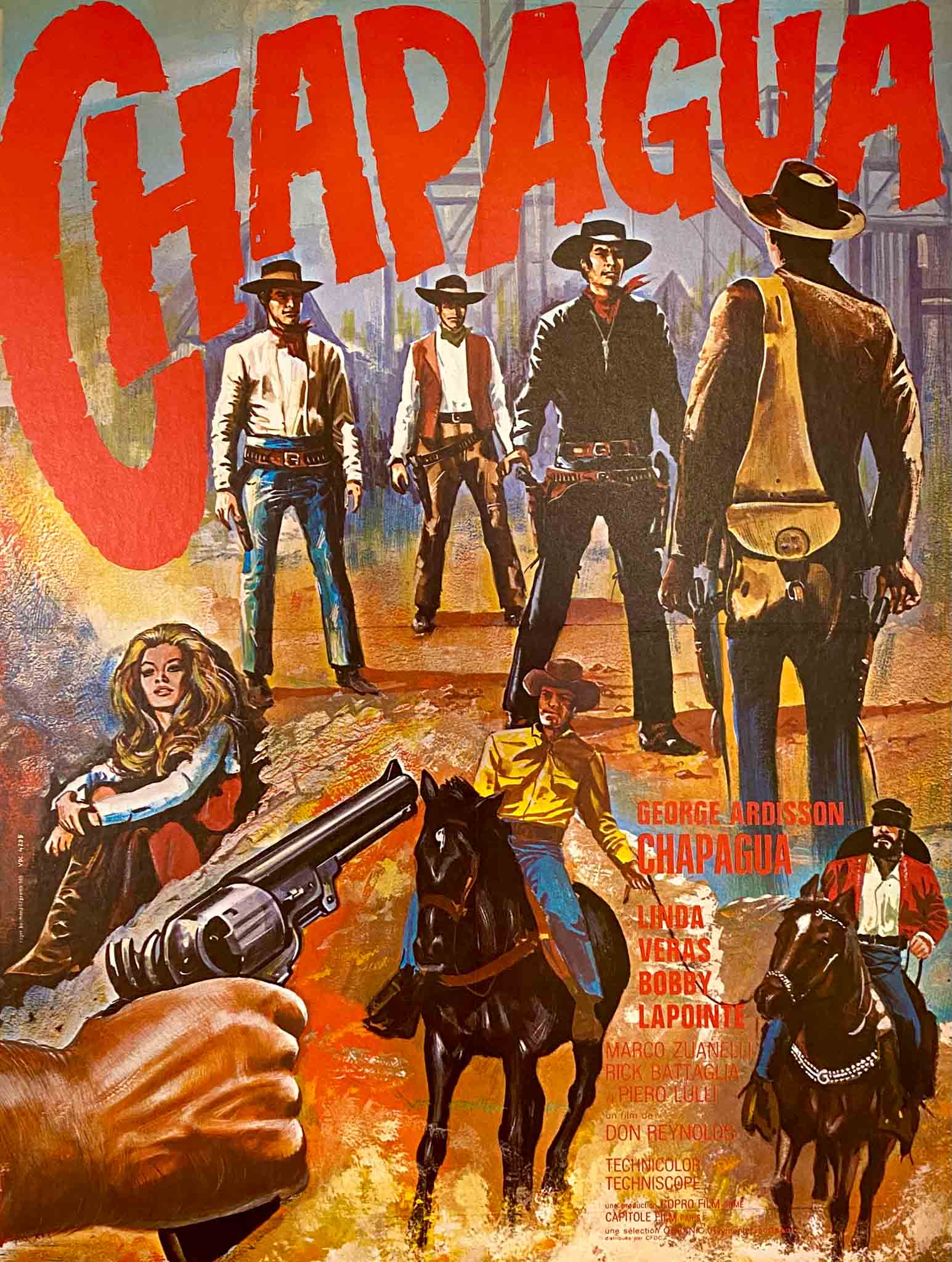 Affiche du film Chapagua avec George Ardisson, duel et chevaux, ambiance western spaghetti.