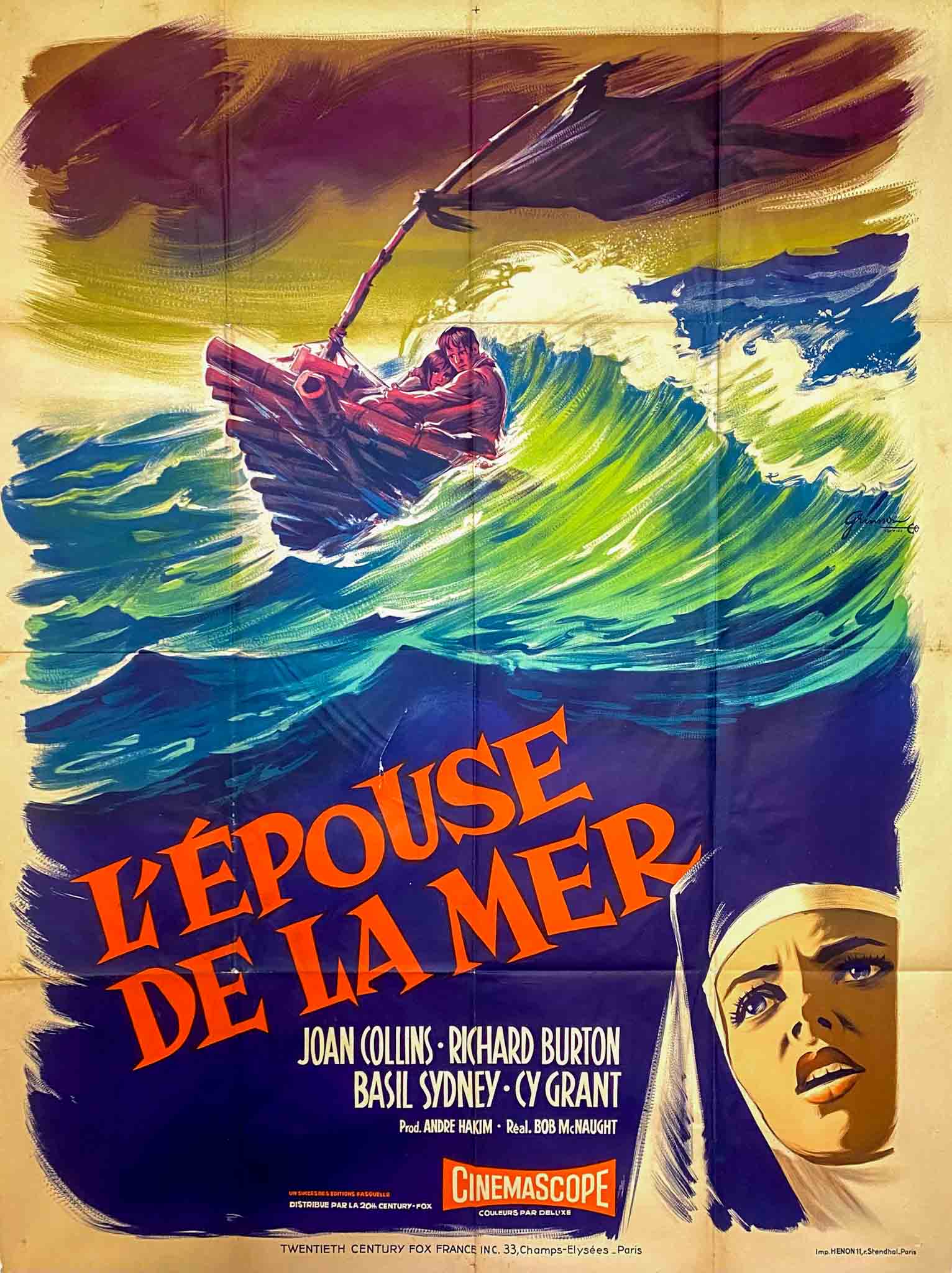 Affiche dramatique montrant une femme en détresse sur une mer agitée, avec des vagues impressionnantes.