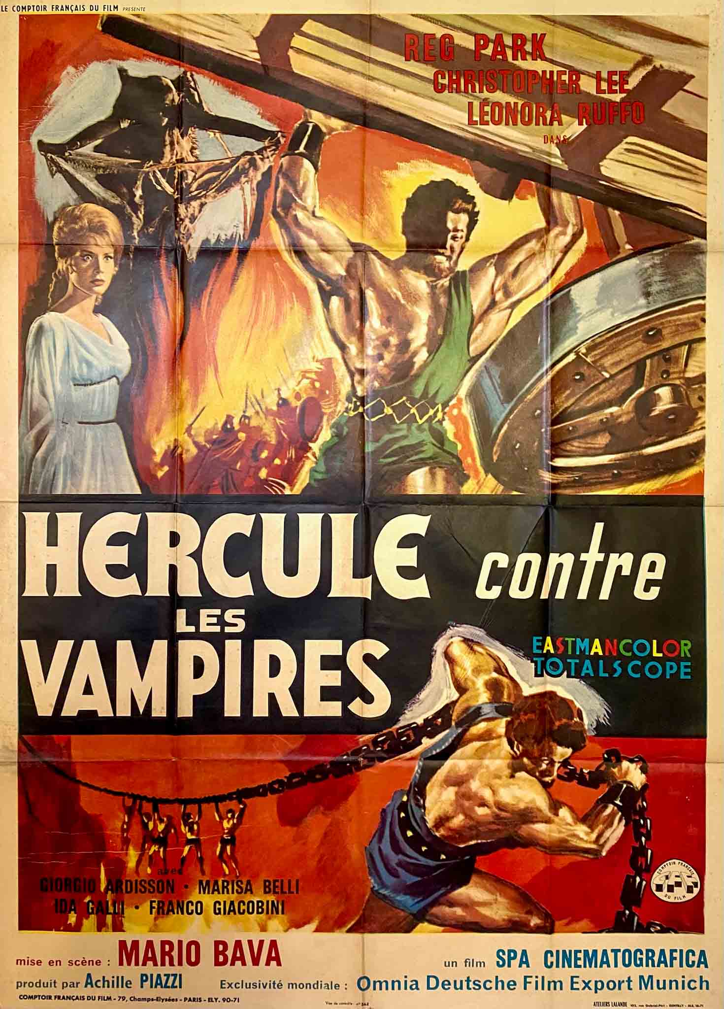 Affiche dramatique montrant Hercule en action contre des créatures mythiques, ambiance surnaturelle.