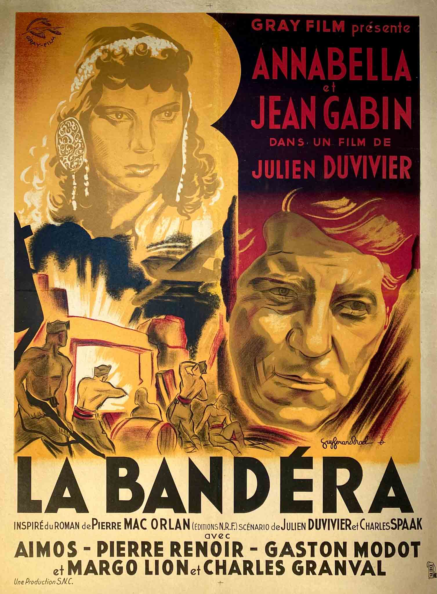 Affiche du film "La Bandera" de 1935, avec scènes de guerre et visages expressifs en couleur chaude.