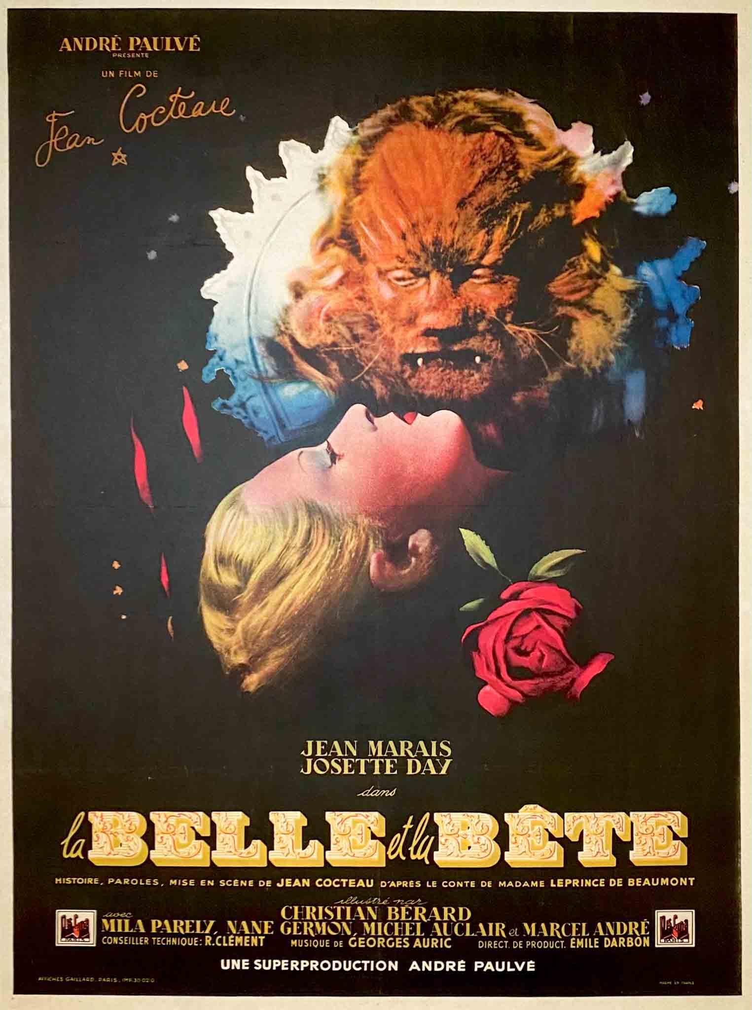 Affiche du film "La Belle et la Bête" de 1946, avec personnages enchanteurs et design poétique.