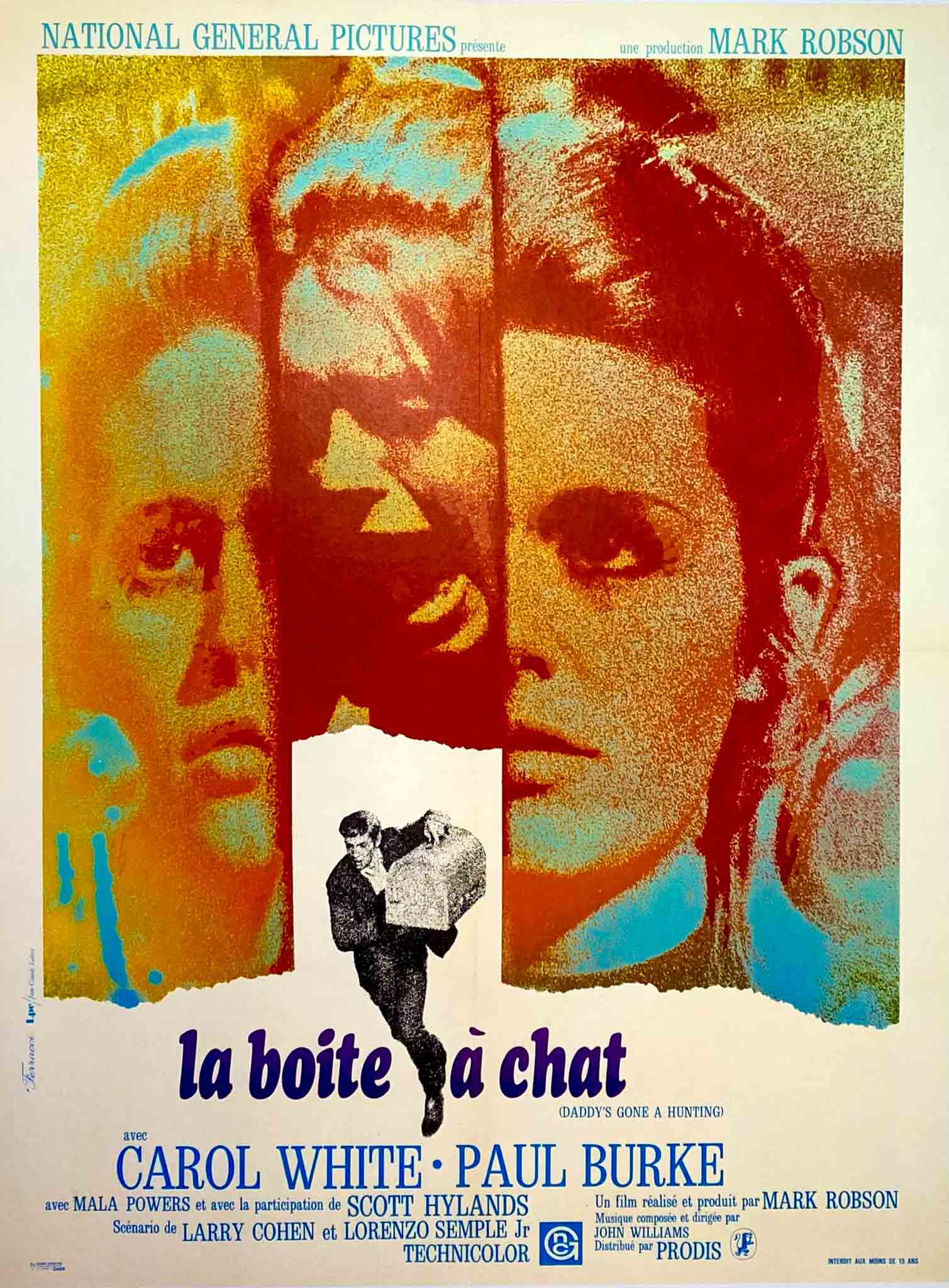 Affiche du thriller "La Boîte à Chat" de 1969, avec portraits colorés et image en noir et blanc d’un homme.