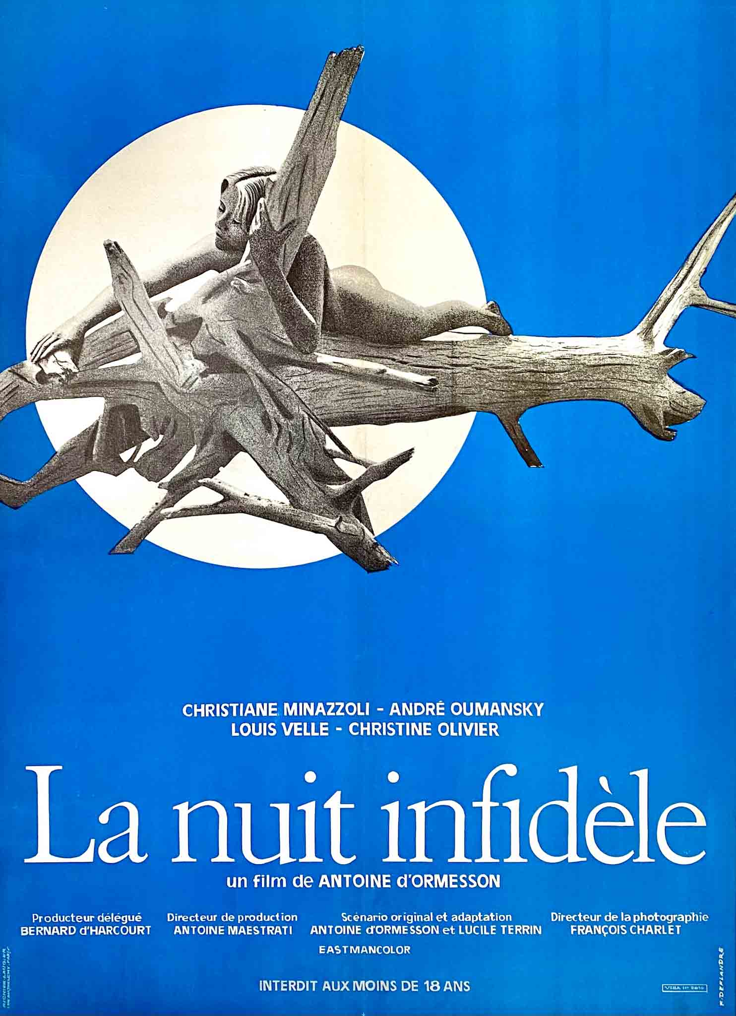 Affiche du film "La Nuit Infidèle" de 1961, avec une silhouette féminine sur un tronc d'arbre.