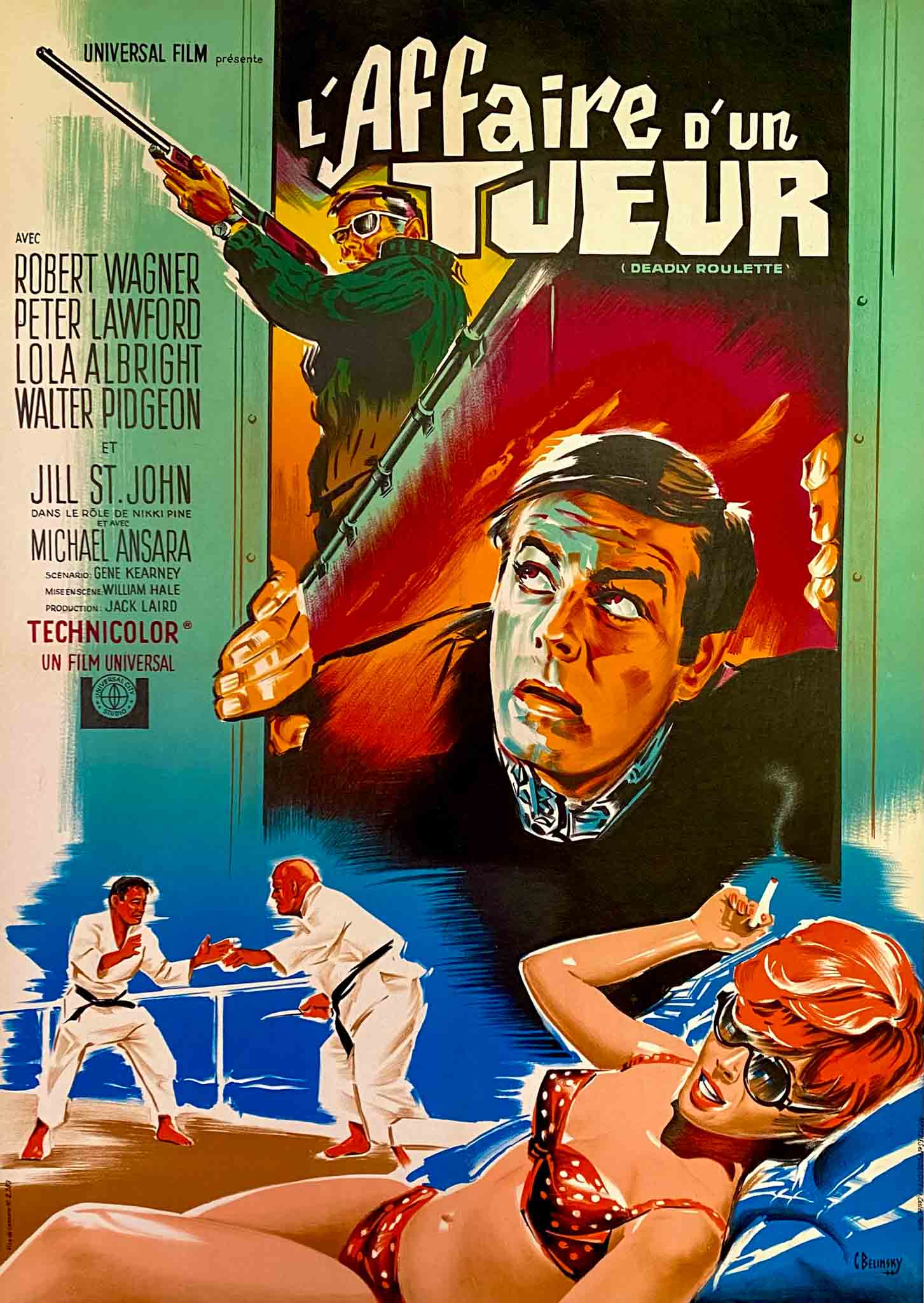 Affiche du film "L'Affaire d'un Tueur" de 1965, avec des scènes de suspense et des personnages en conflit.