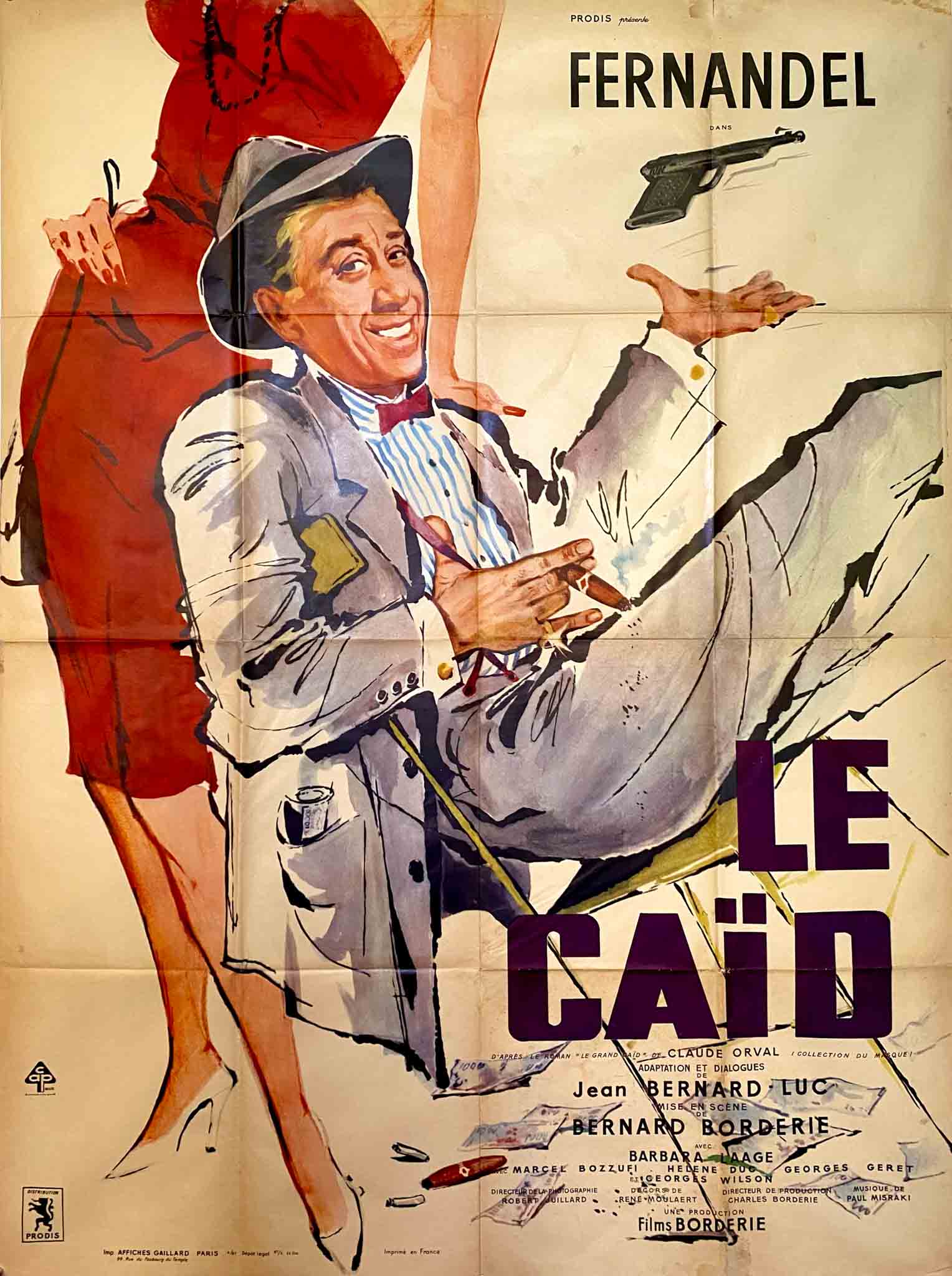 Affiche humoristique avec Fernandel dans une pose comique et des éléments rappelant une ambiance de comédie criminelle.