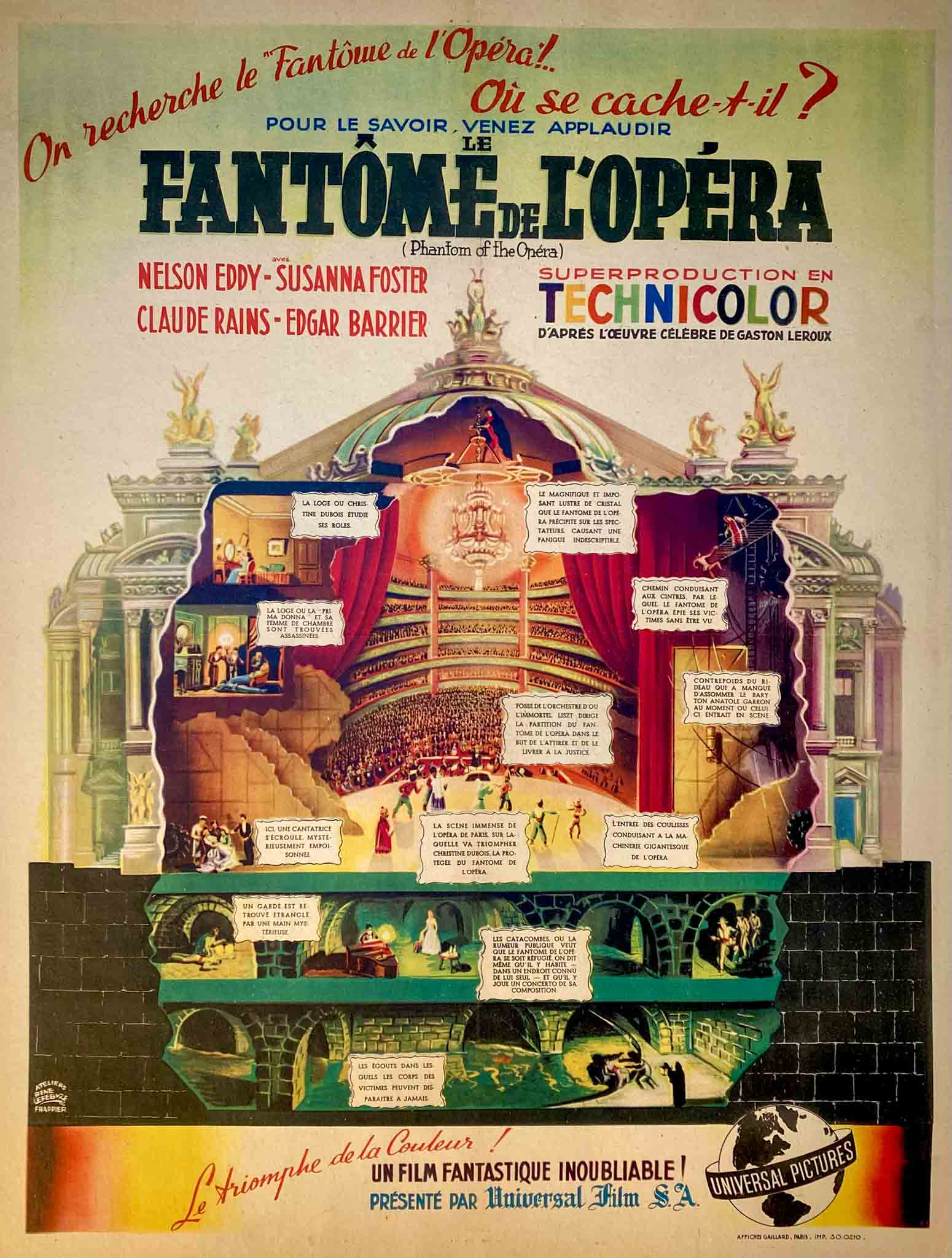 Affiche du film "Le Fantôme de l’Opéra" de 1943, avec scène d’opéra gothique et atmosphère mystérieuse.