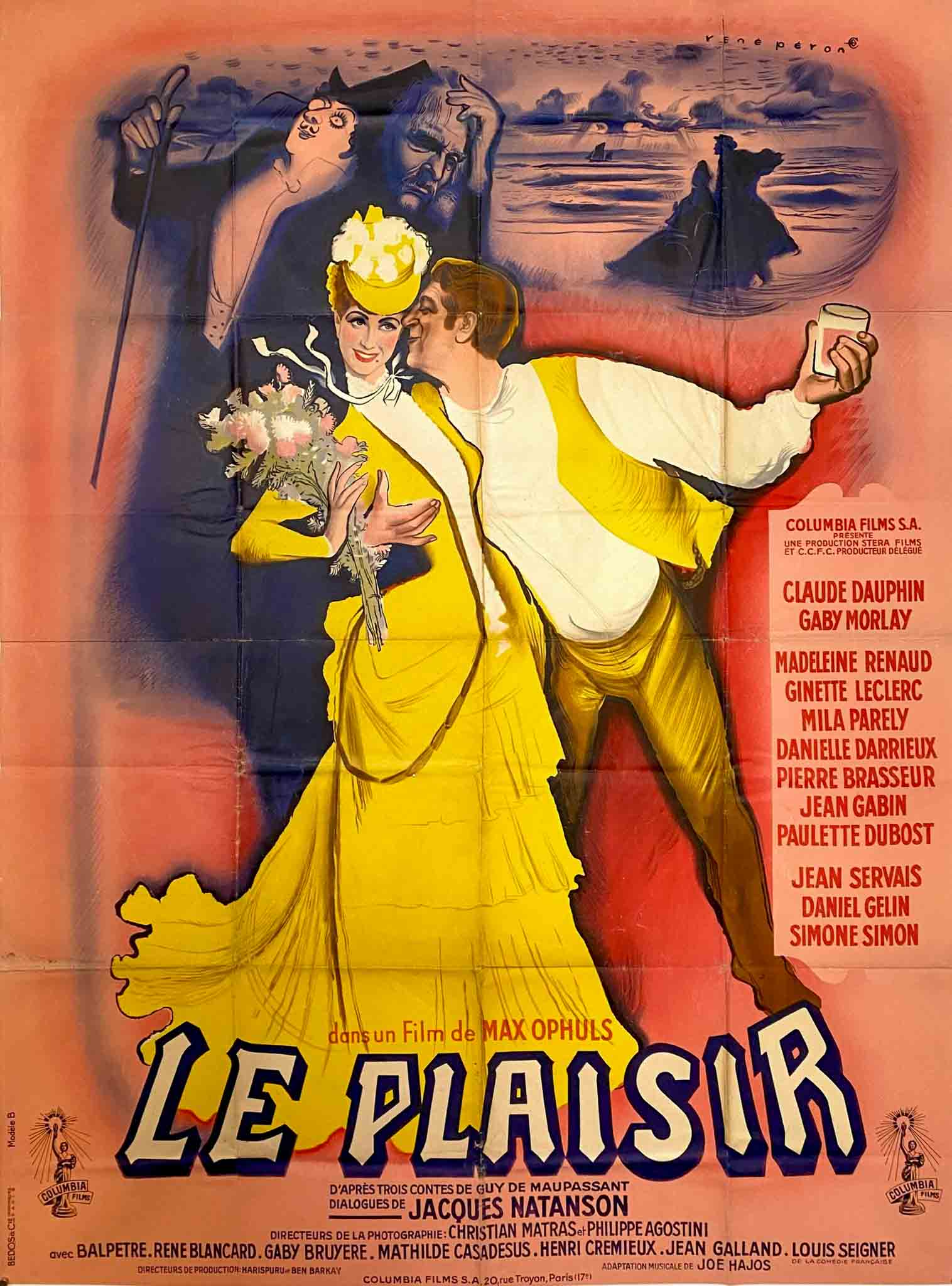 Affiche élégante et colorée du film "Le Plaisir", mettant en scène Claude Dauphin et Gaby Morlay dans un cadre romantique.