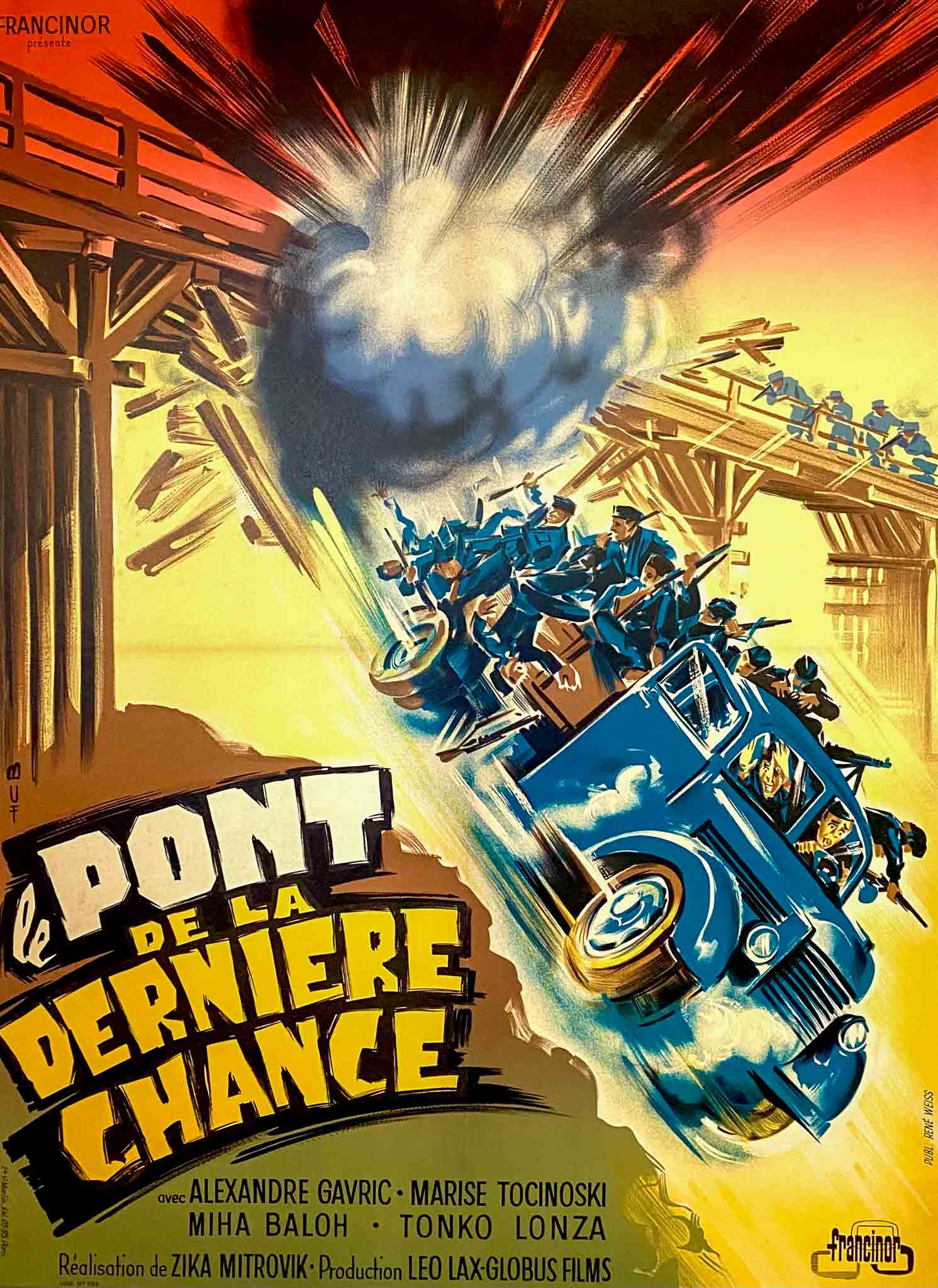 Affiche du film "Le Pont de la Dernière Chance" de 1960, avec une explosion et des soldats en action.