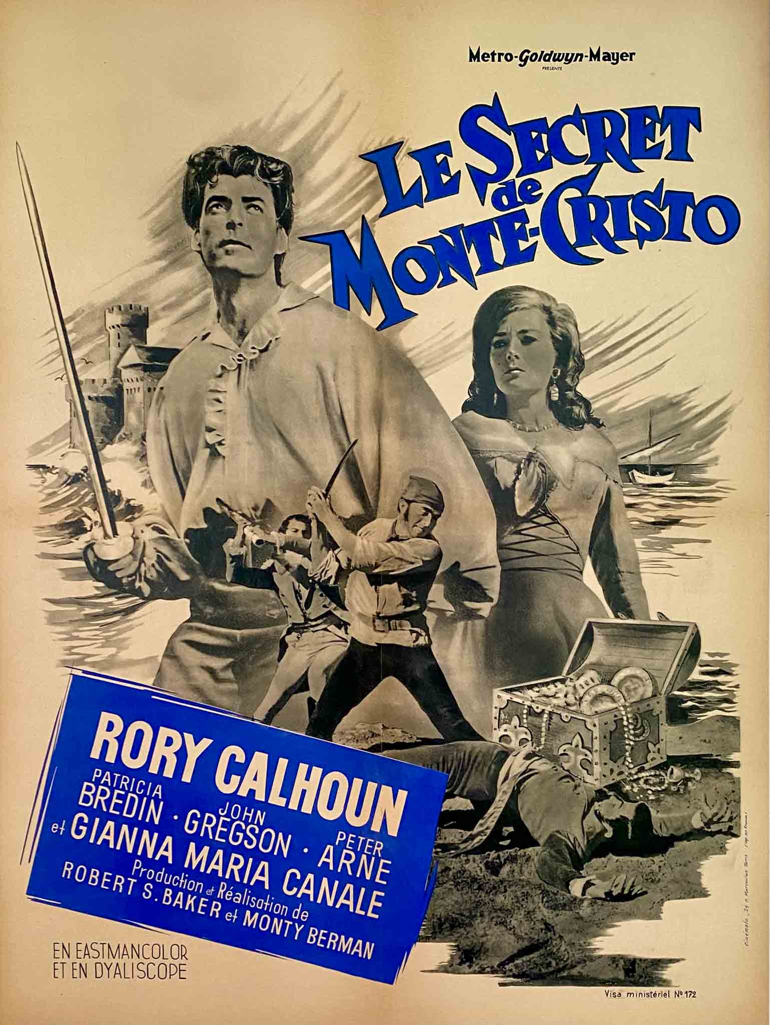 Affiche du film Le Secret de Monte-Cristo avec Rory Calhoun, scène de duel et trésor.