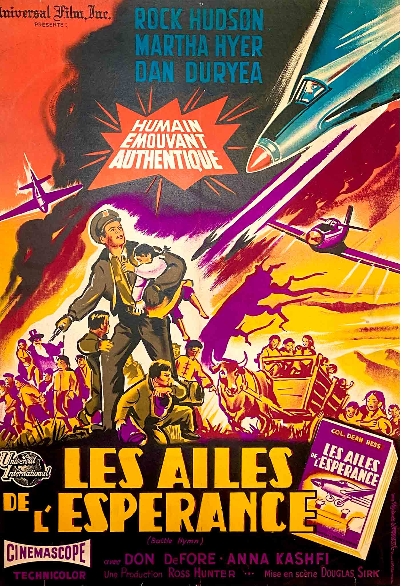 Affiche du film "Les Ailes de l'Espérance" de 1957, avec des avions et un homme portant un enfant.