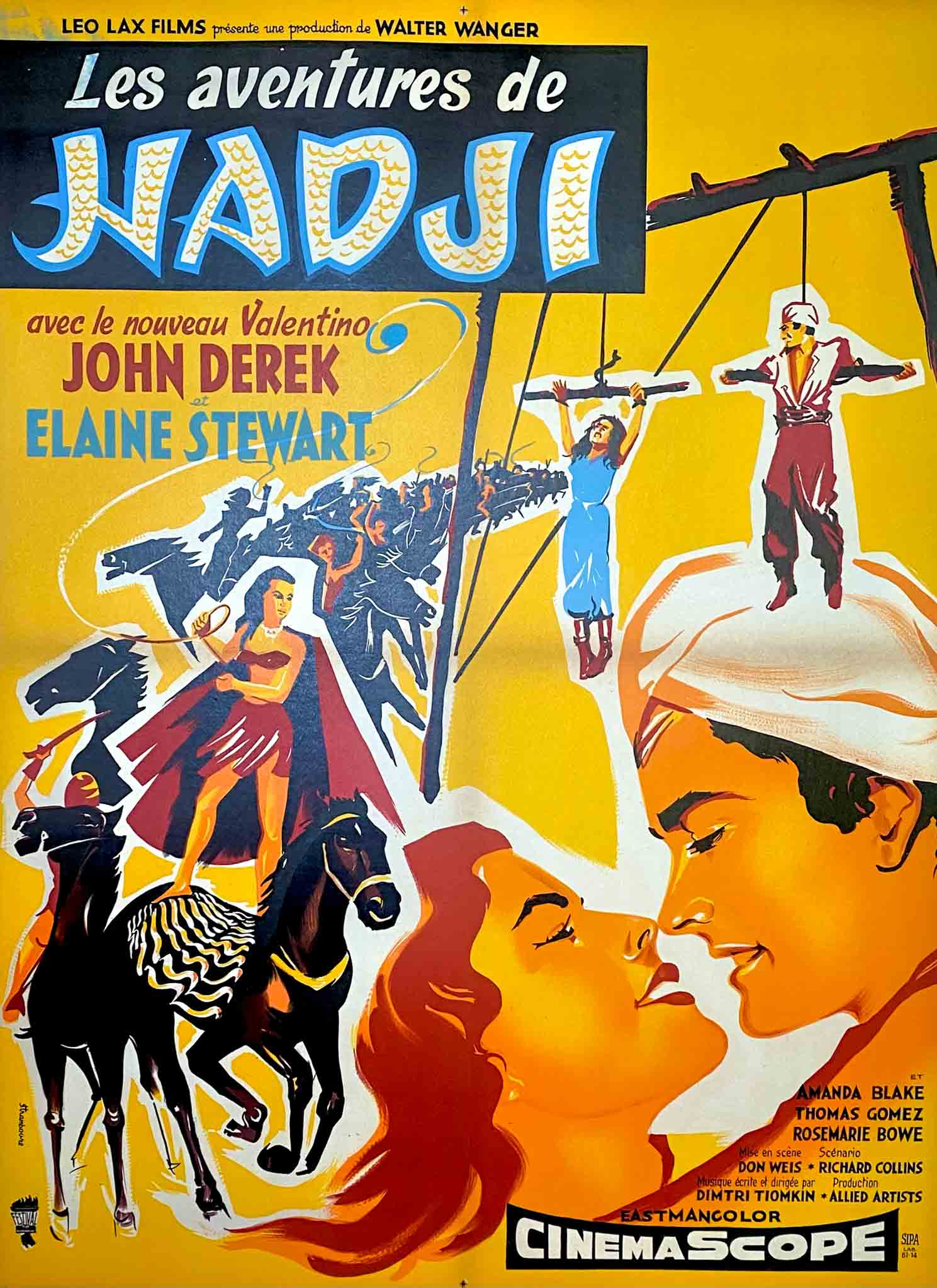 Affiche du film "Les Aventures de Hadji" de 1958, avec des scènes d'aventure et des personnages en action.