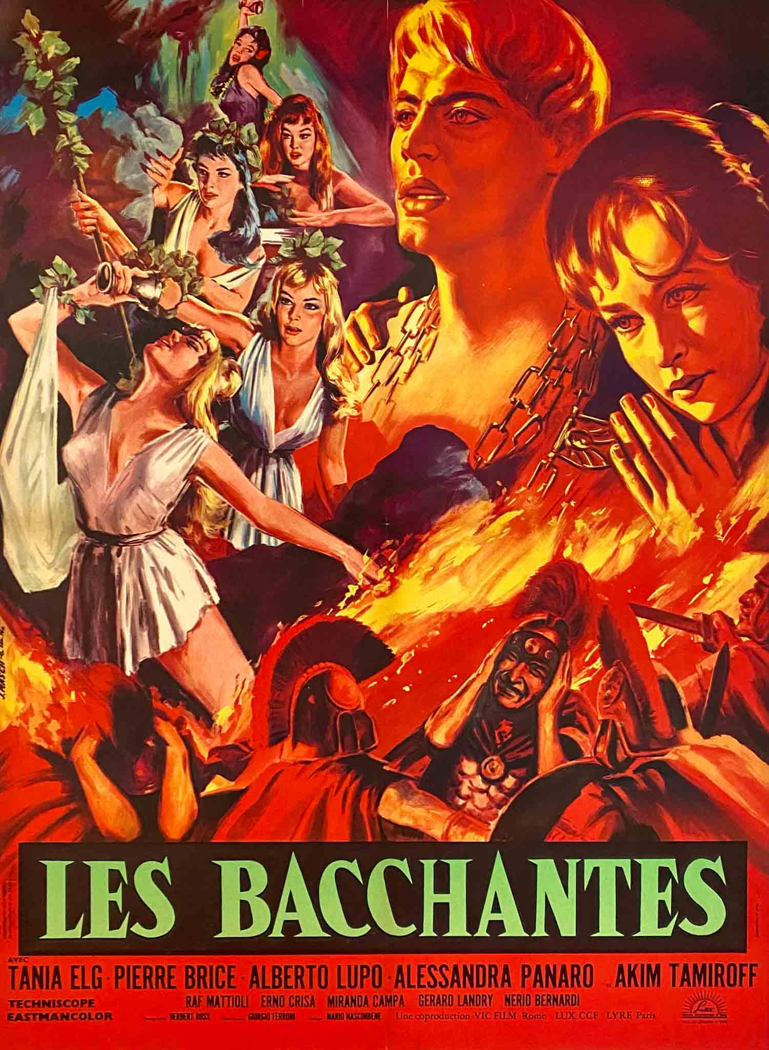 Affiche du film Les Bacchantes montrant Tania Elg et scènes de rituels antiques, ambiance mythologique.